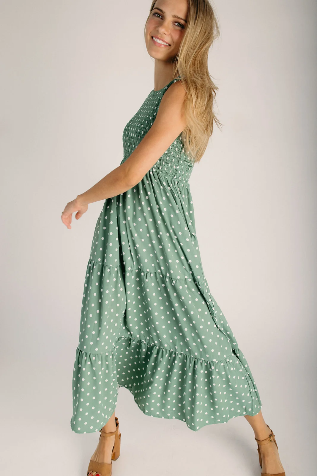 The Noma Smocked Bodice Midi Dress in Green - Image 6