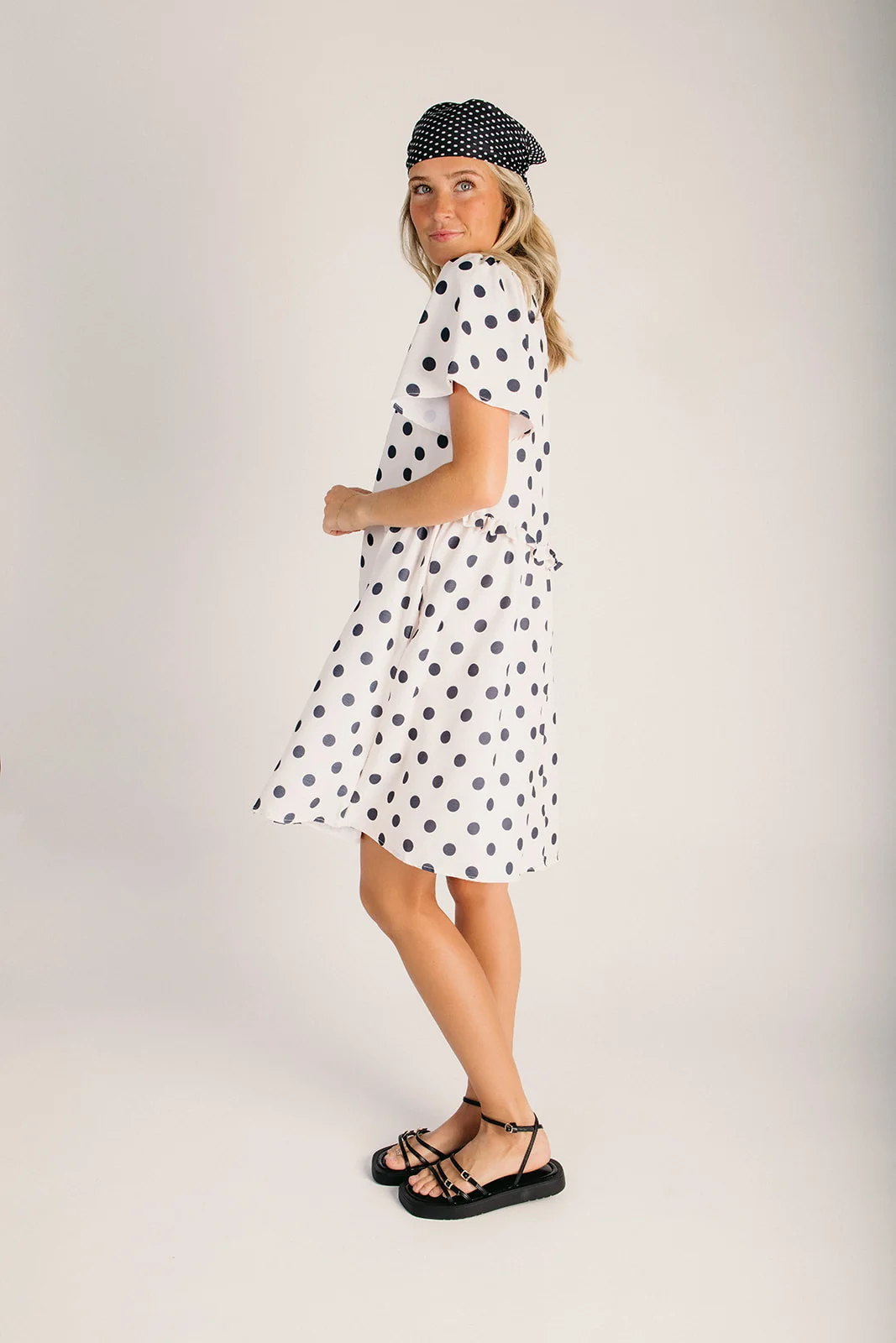 The Norwell Pin Tuck Polka Dot Dress in Ivory + Black - Image 3
