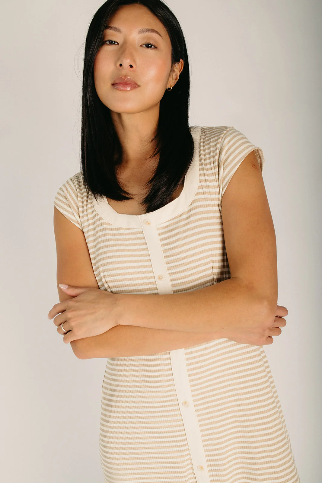 The Norwich Ribbed Midi Dress in Cream + Taupe - Image 3