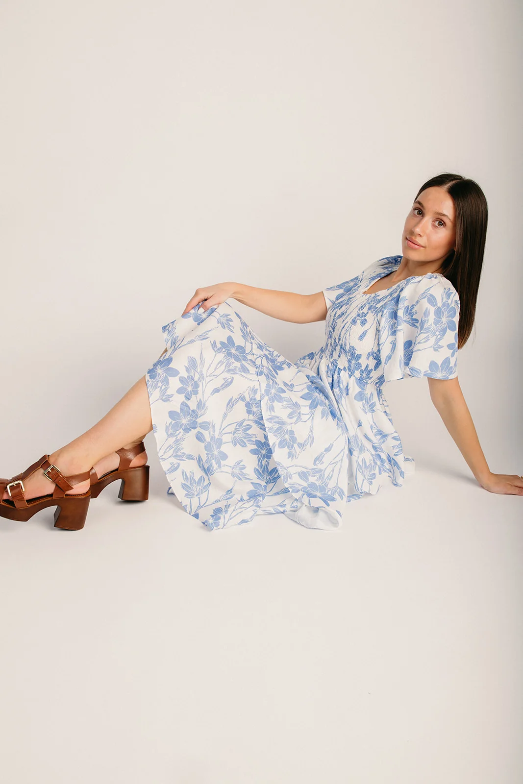 The Payne Smocked Detail Midi Dress in Blue