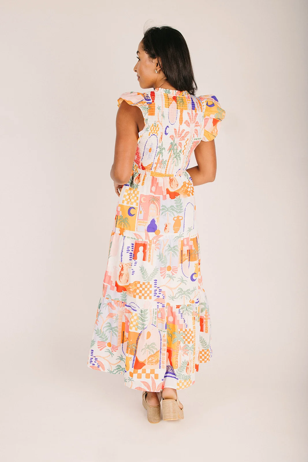 The Petrolia Tiered Midi Dress in Orange + Pink - Image 2