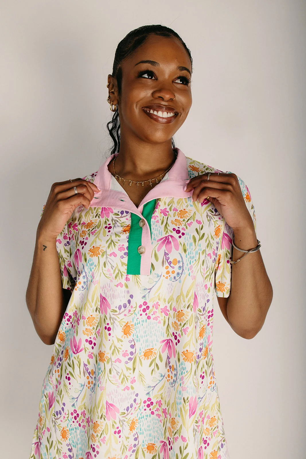 The Quintera Mock Neck Shift Dress in Pink + Green Floral - Image 4