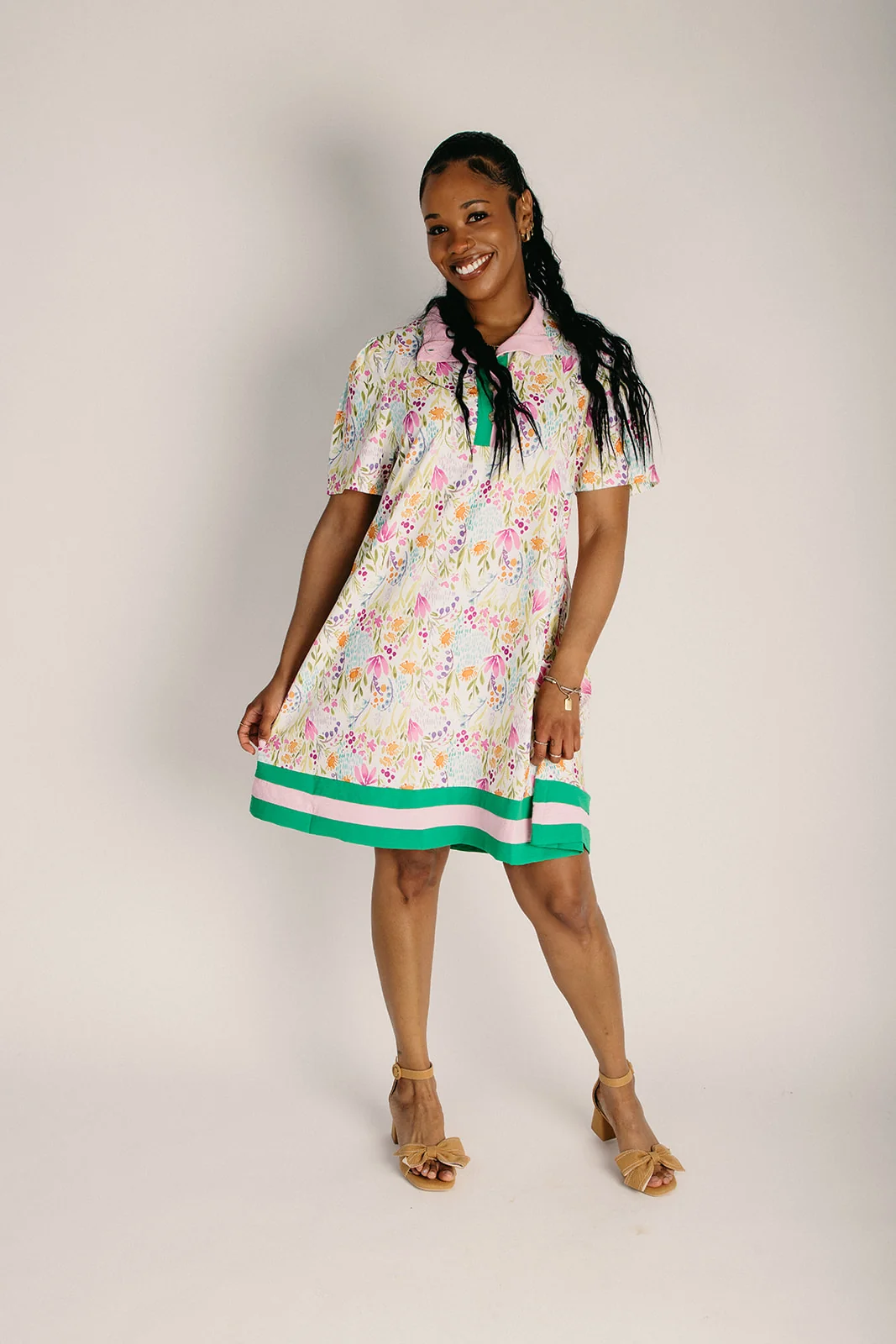 The Quintera Mock Neck Shift Dress in Pink + Green Floral - Image 5