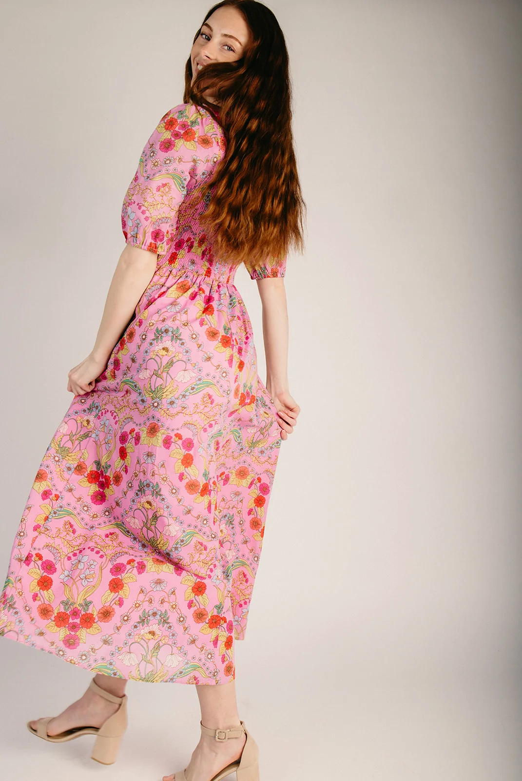 The Ramsie Smocked Floral Midi Dress in Cream + Pink - Image 4