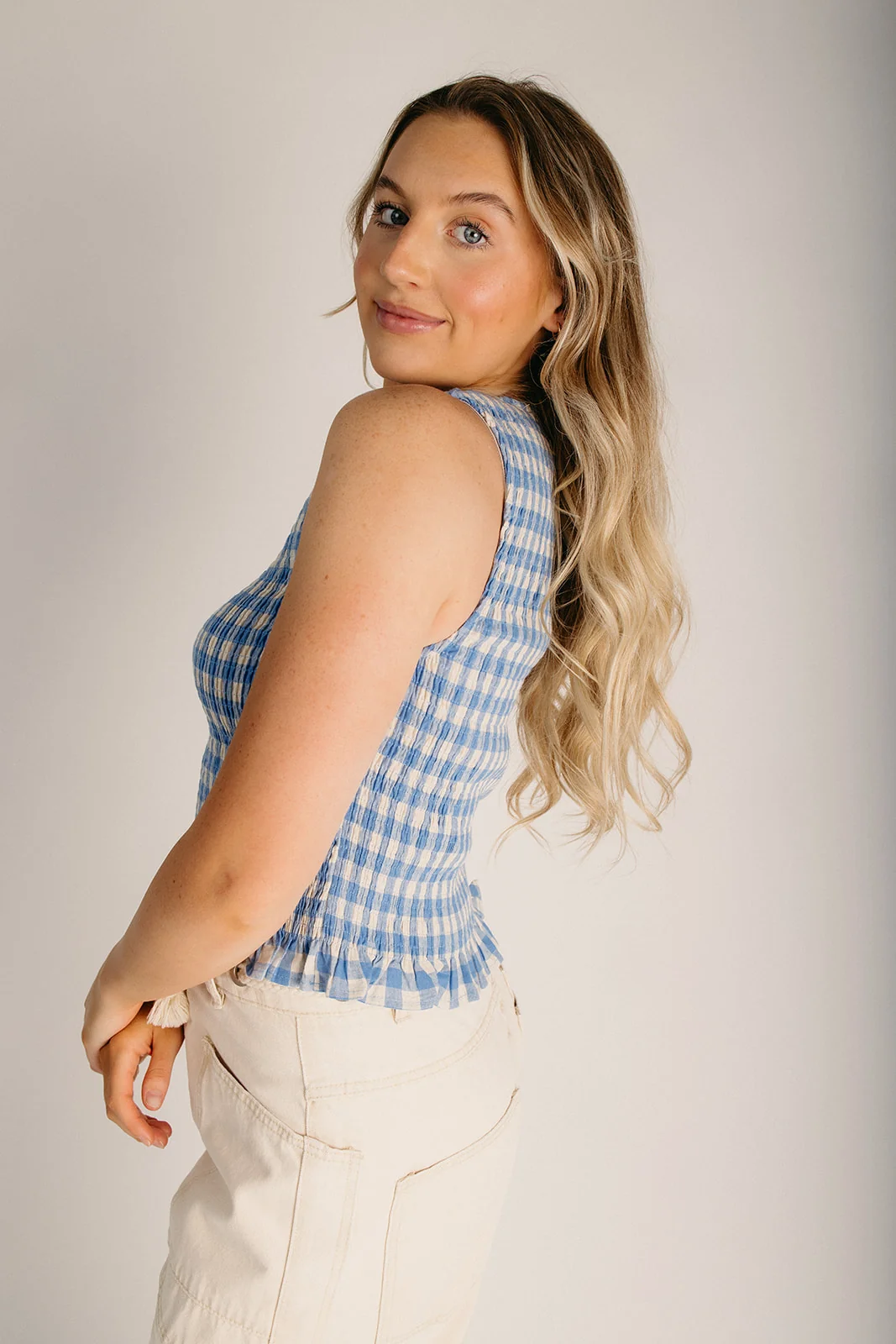 The Ranta Smocked Tank in Blue Gingham - Image 5