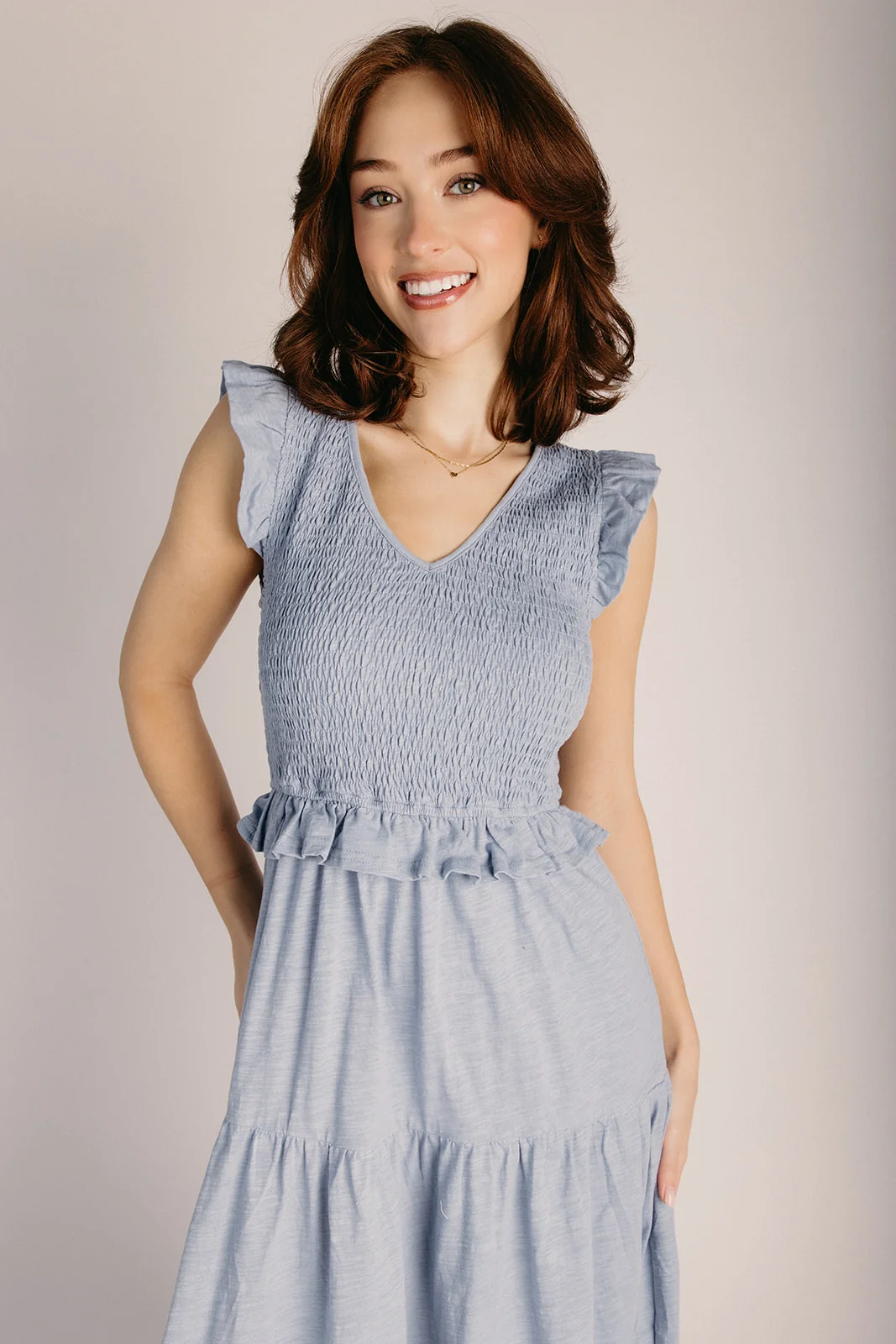 The Renfrow Smocked Midi Dress in Dusty Blue - Image 3