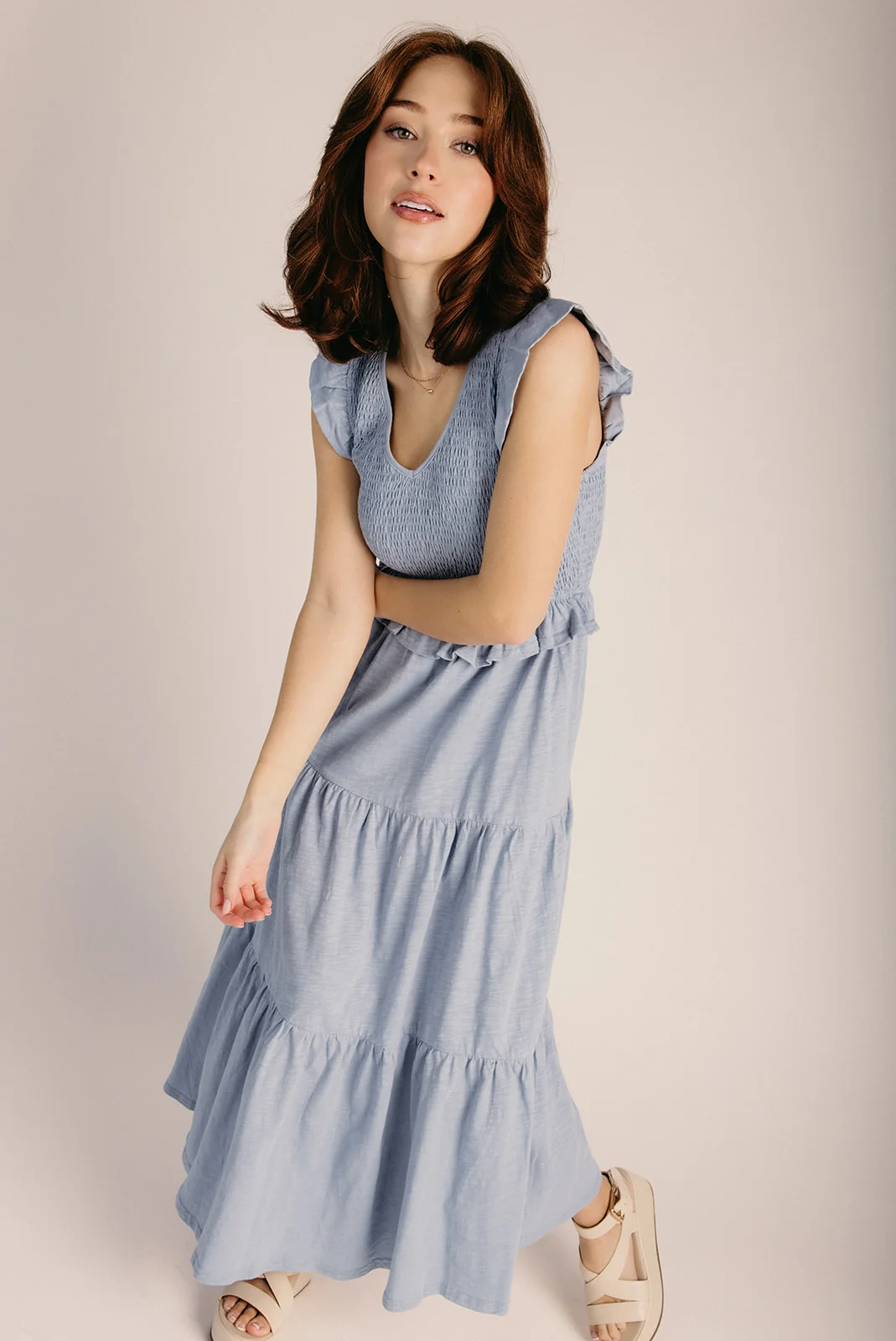 The Renfrow Smocked Midi Dress in Dusty Blue - Image 6