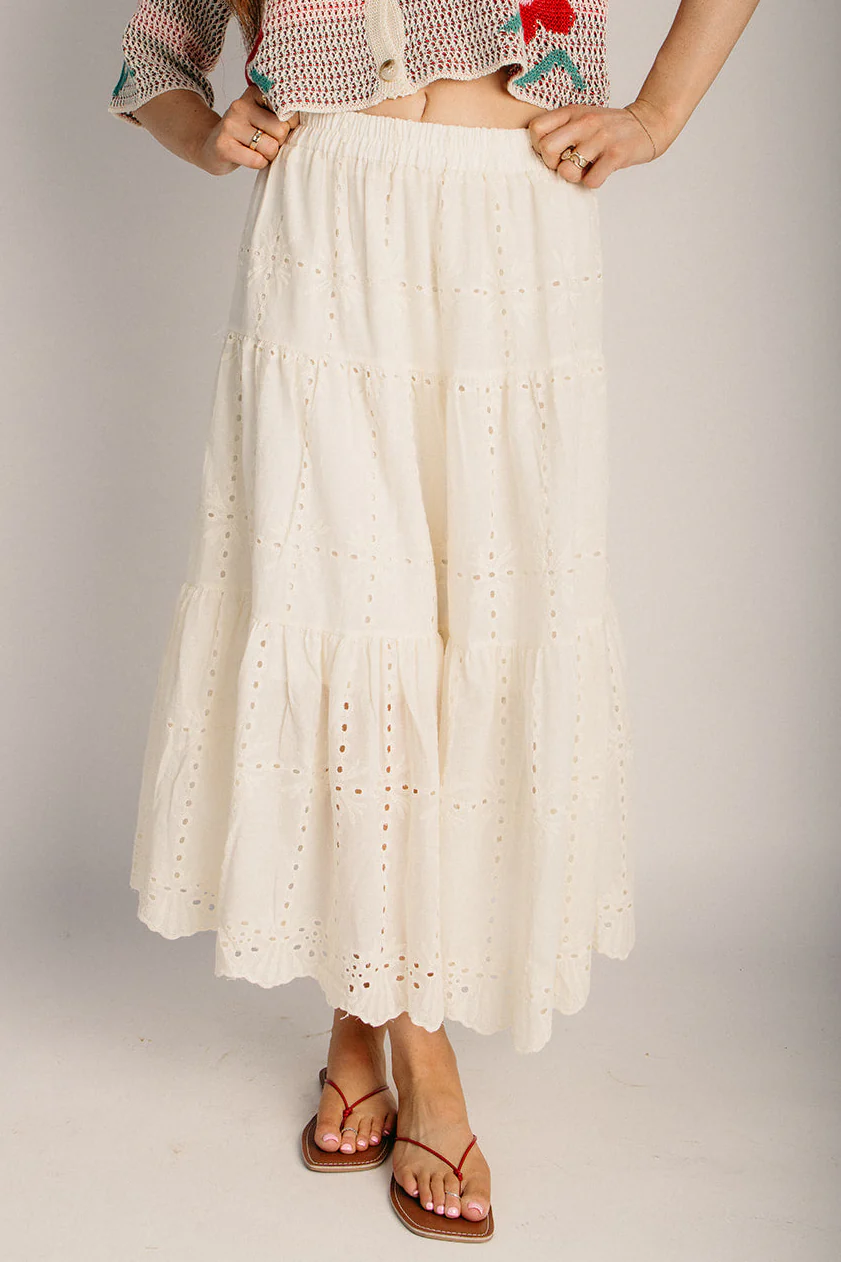 The Renta Tiered Eyelet Midi Skirt in Beige