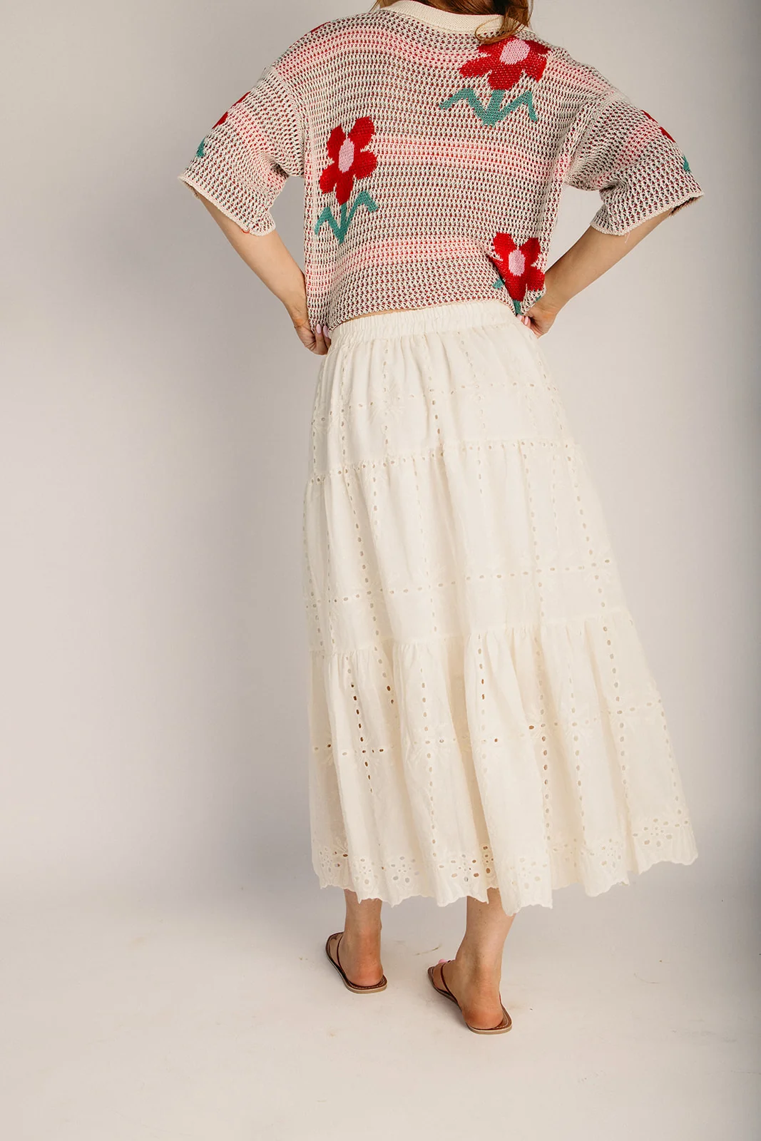 The Renta Tiered Eyelet Midi Skirt in Beige - Image 3