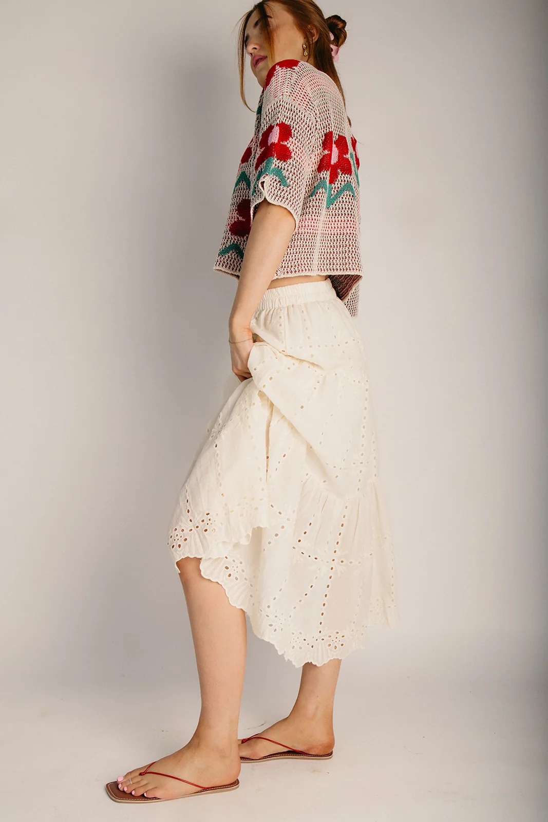 The Renta Tiered Eyelet Midi Skirt in Beige - Image 4