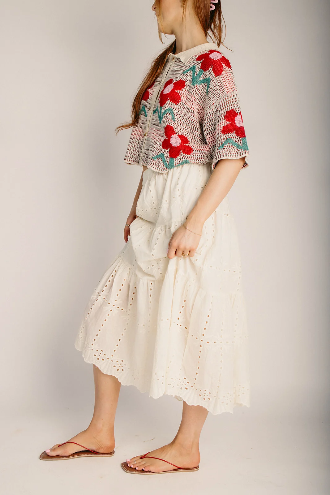 The Renta Tiered Eyelet Midi Skirt in Beige - Image 5