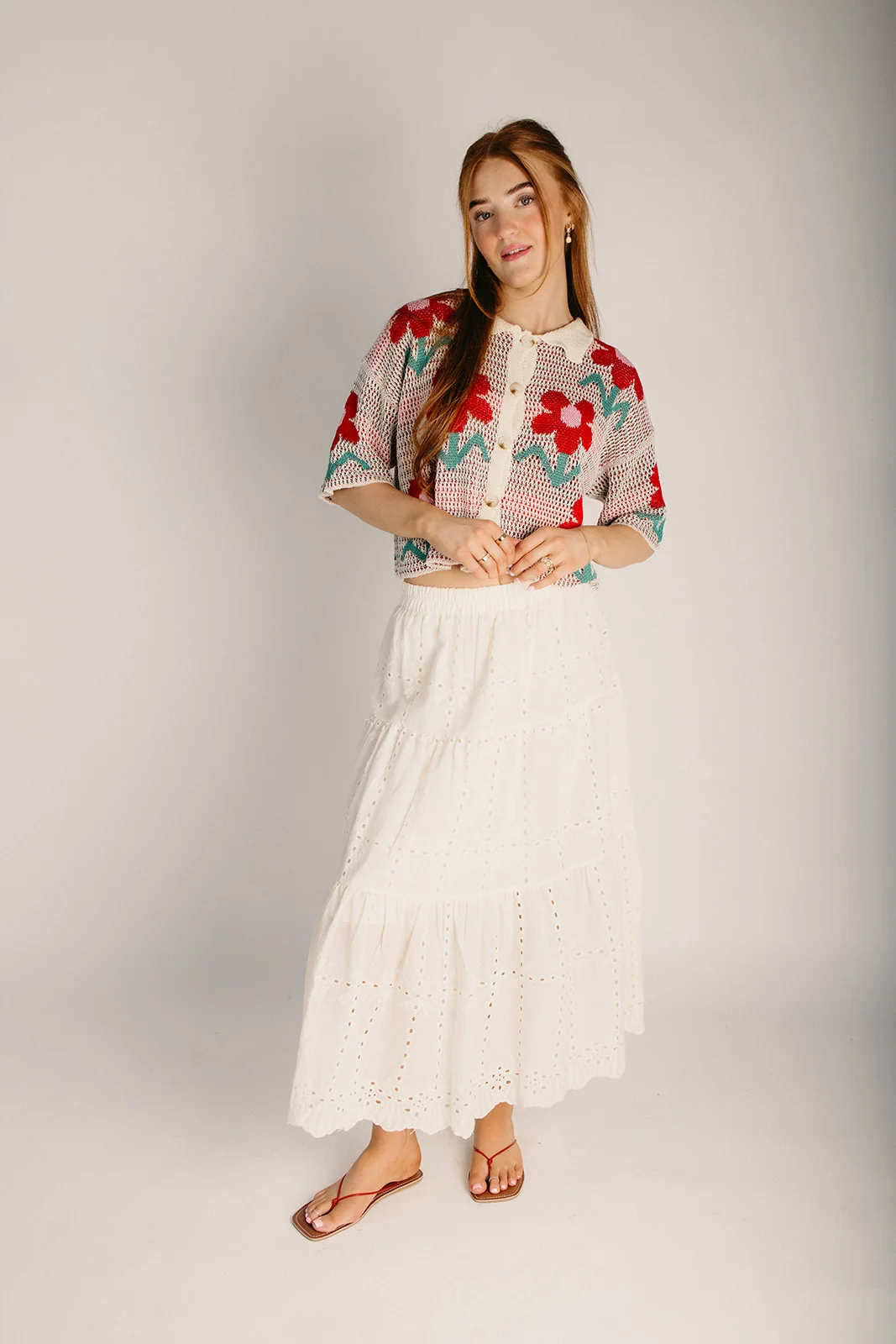 The Renta Tiered Eyelet Midi Skirt in Beige - Image 6