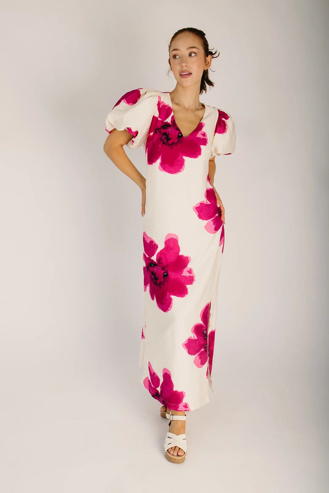 The Rogan Puff Sleeve A-Line Maxi Dress in Fuchsia