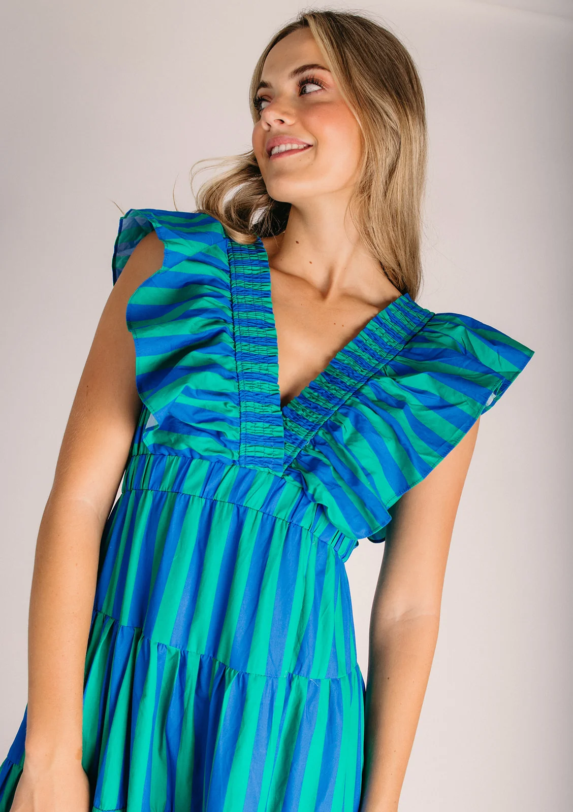 The Romney Ruffle Sleeve Midi Dress in Green + Blue Stripe - Image 3