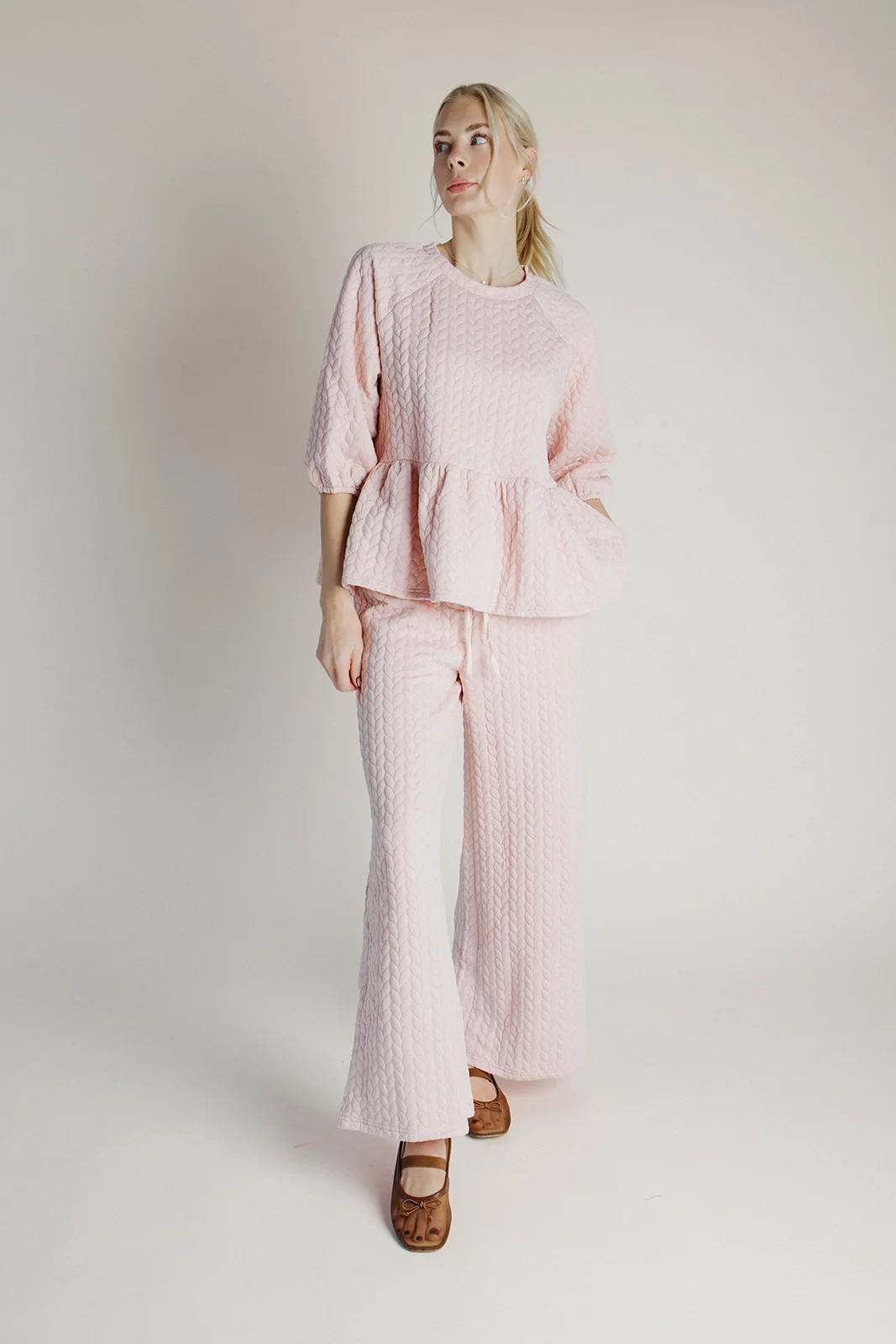 The Rosberg Quilted Peplum + Pant Set in Blush