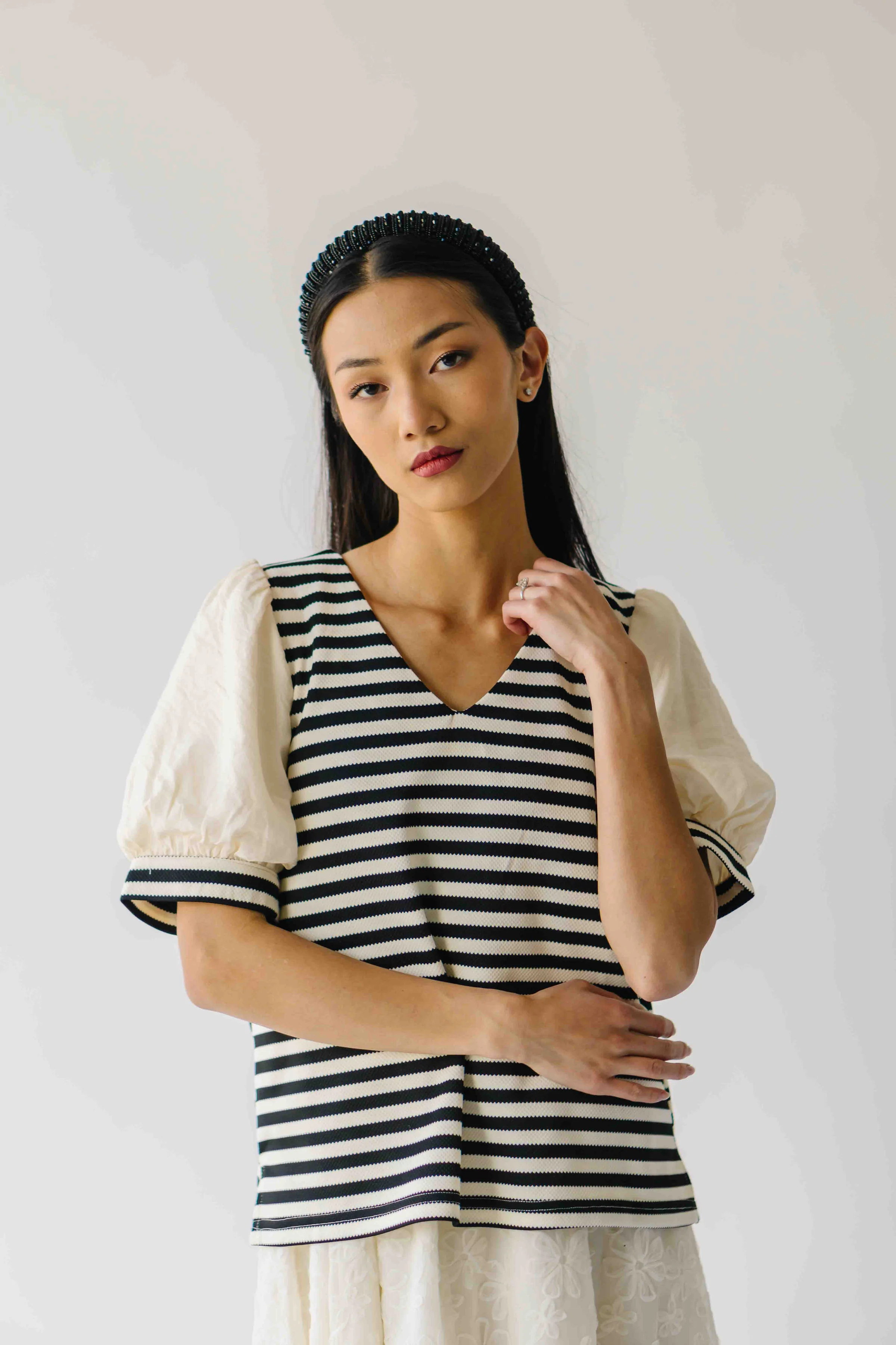 The Rowland Puff Sleeve Blouse in Black + White Stripe - Image 10