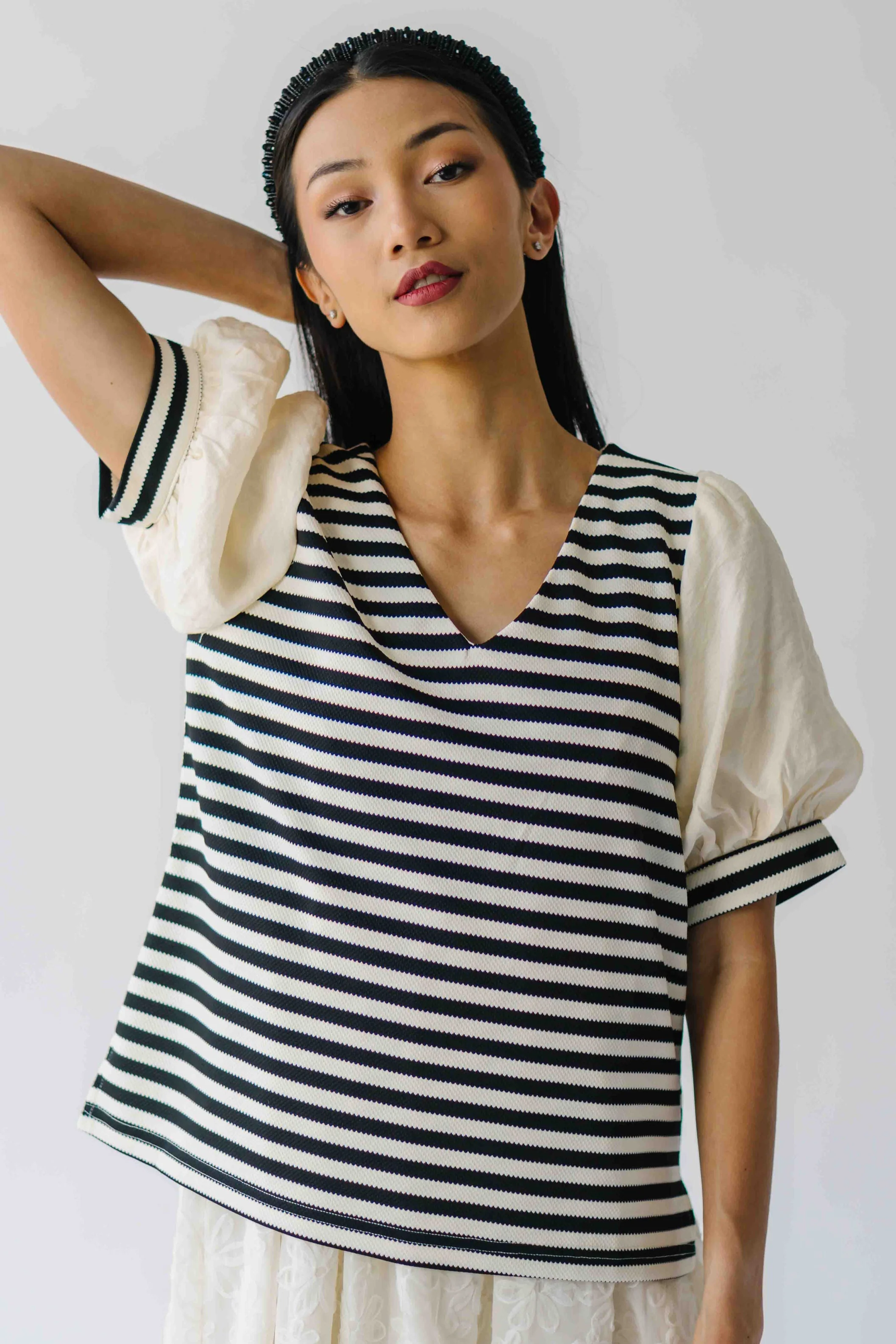 The Rowland Puff Sleeve Blouse in Black + White Stripe - Image 7