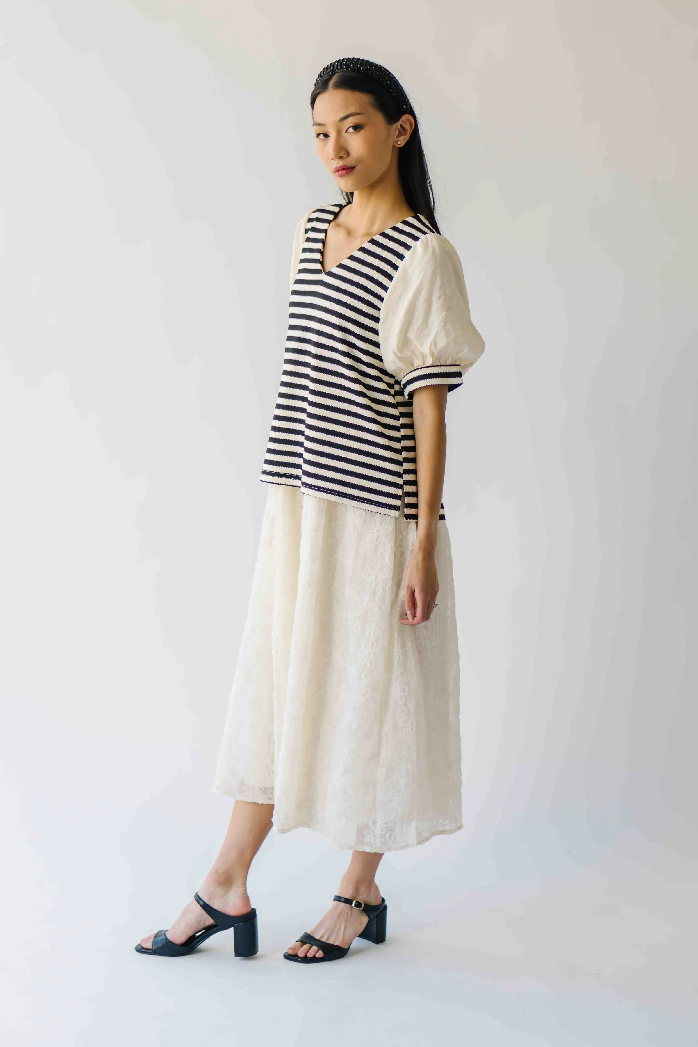 The Rowland Puff Sleeve Blouse in Black + White Stripe - Image 9