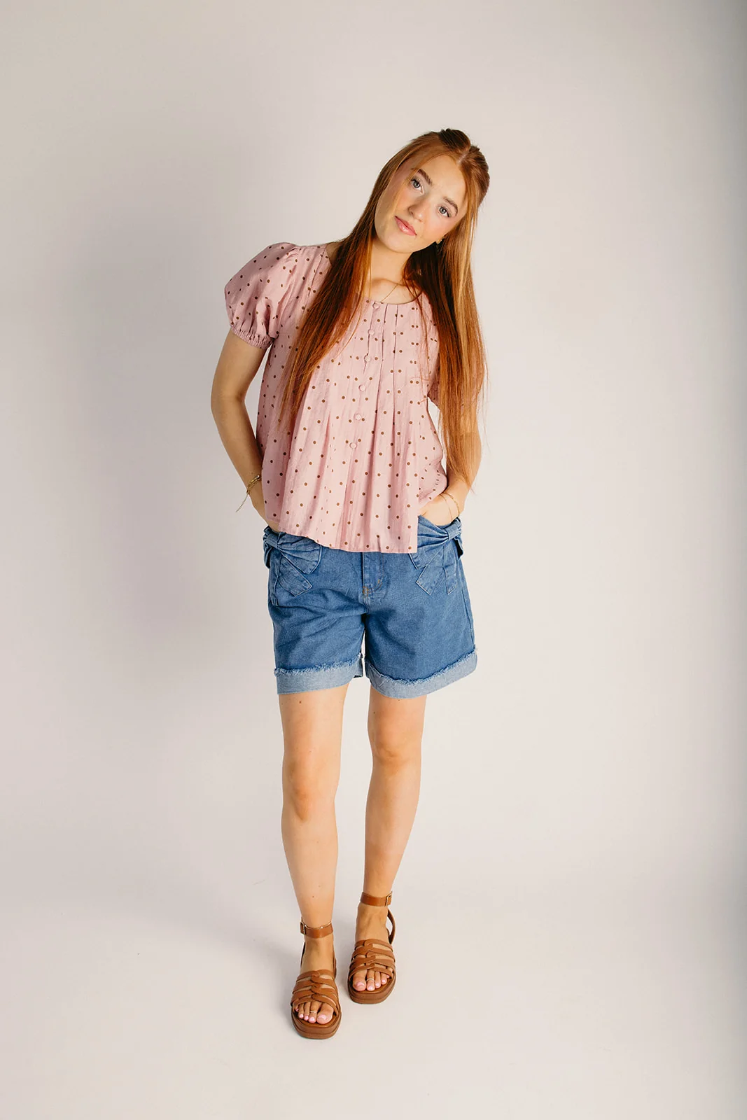 The Ryther Polka Dot Puff Sleeve Blouse in Pink Combo - Image 3