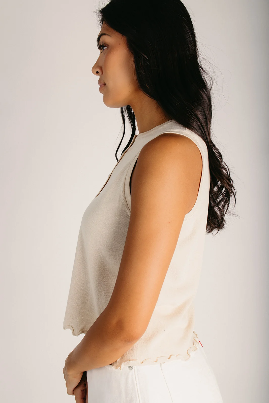 The Saldana Lettuce Hem Button-Up Tank in Ecru - Image 4