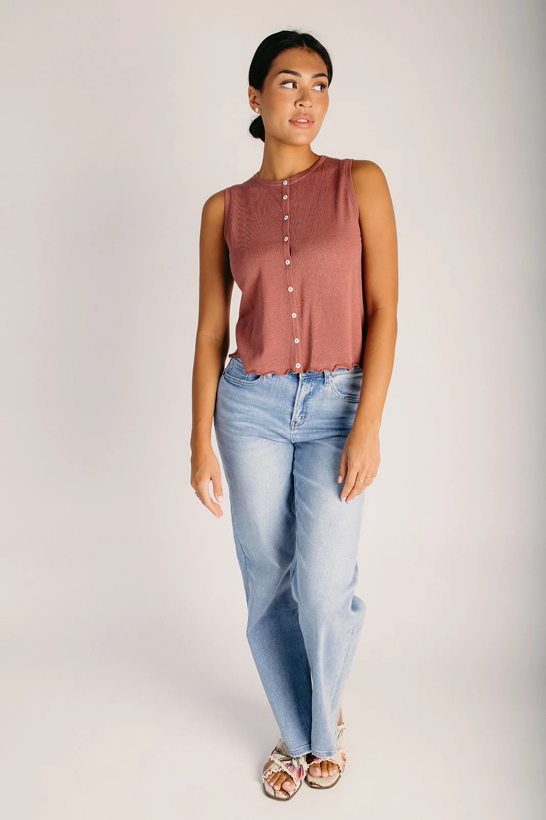 The Saldana Lettuce Hem Button-Up Tank in Red - Image 3