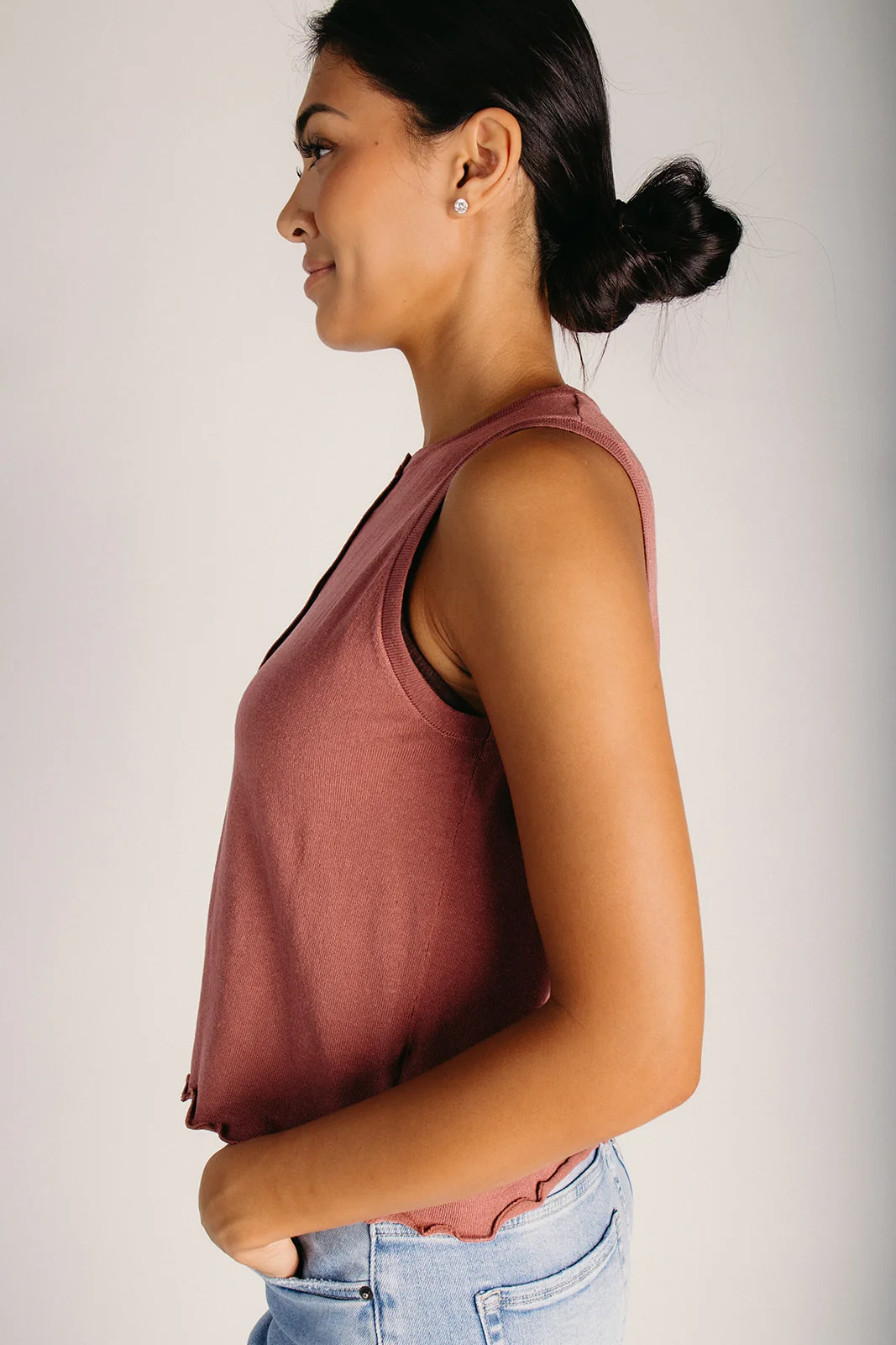 The Saldana Lettuce Hem Button-Up Tank in Red - Image 5