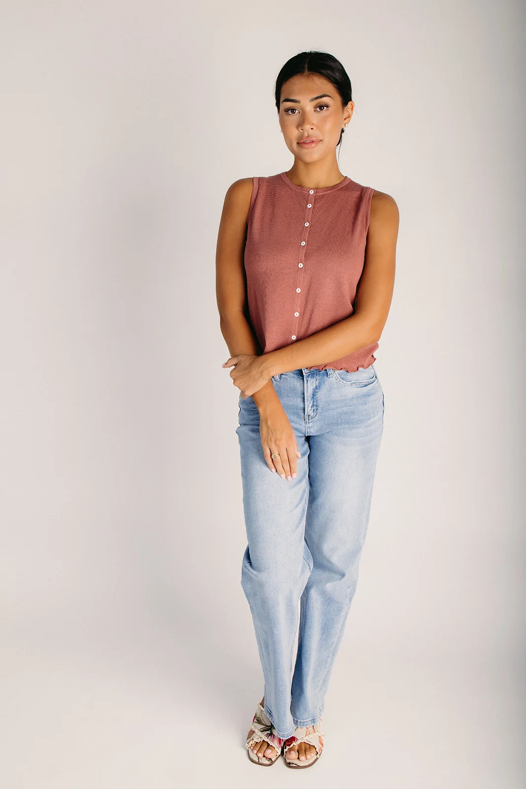 The Saldana Lettuce Hem Button-Up Tank in Red - Image 6
