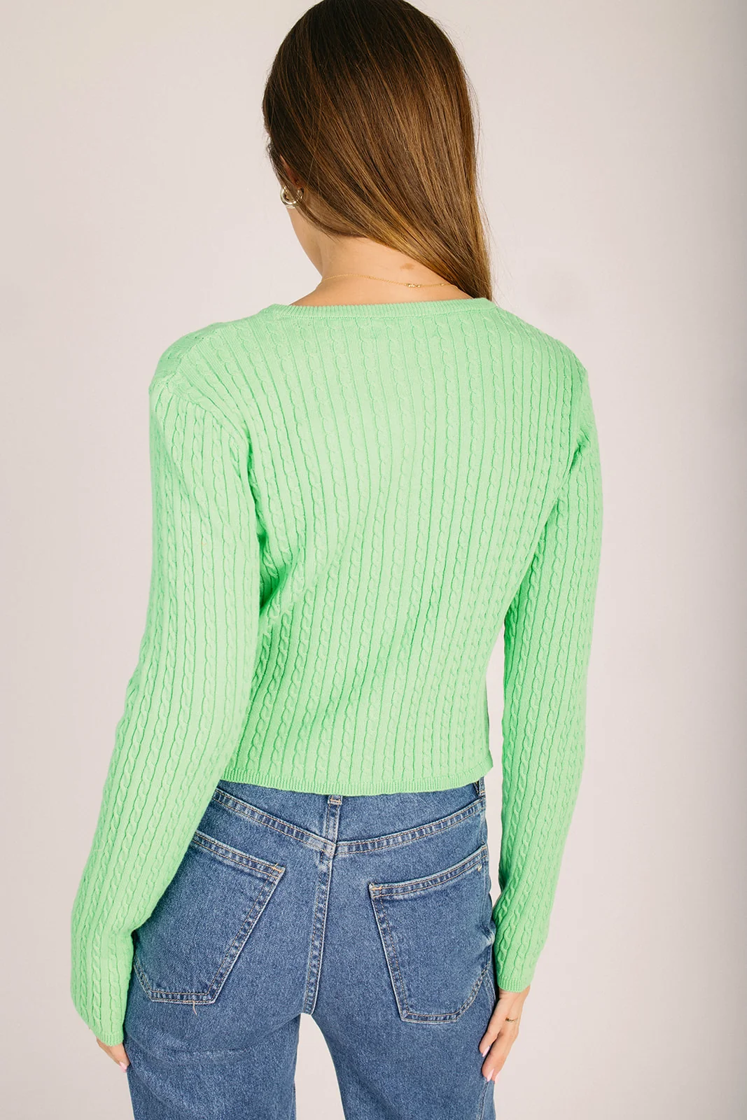 The Segura Button-Up Cable Knit Sweater in Green - Image 2