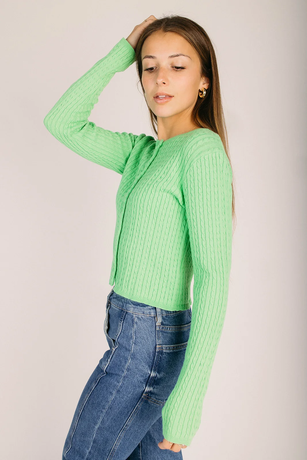 The Segura Button-Up Cable Knit Sweater in Green - Image 4