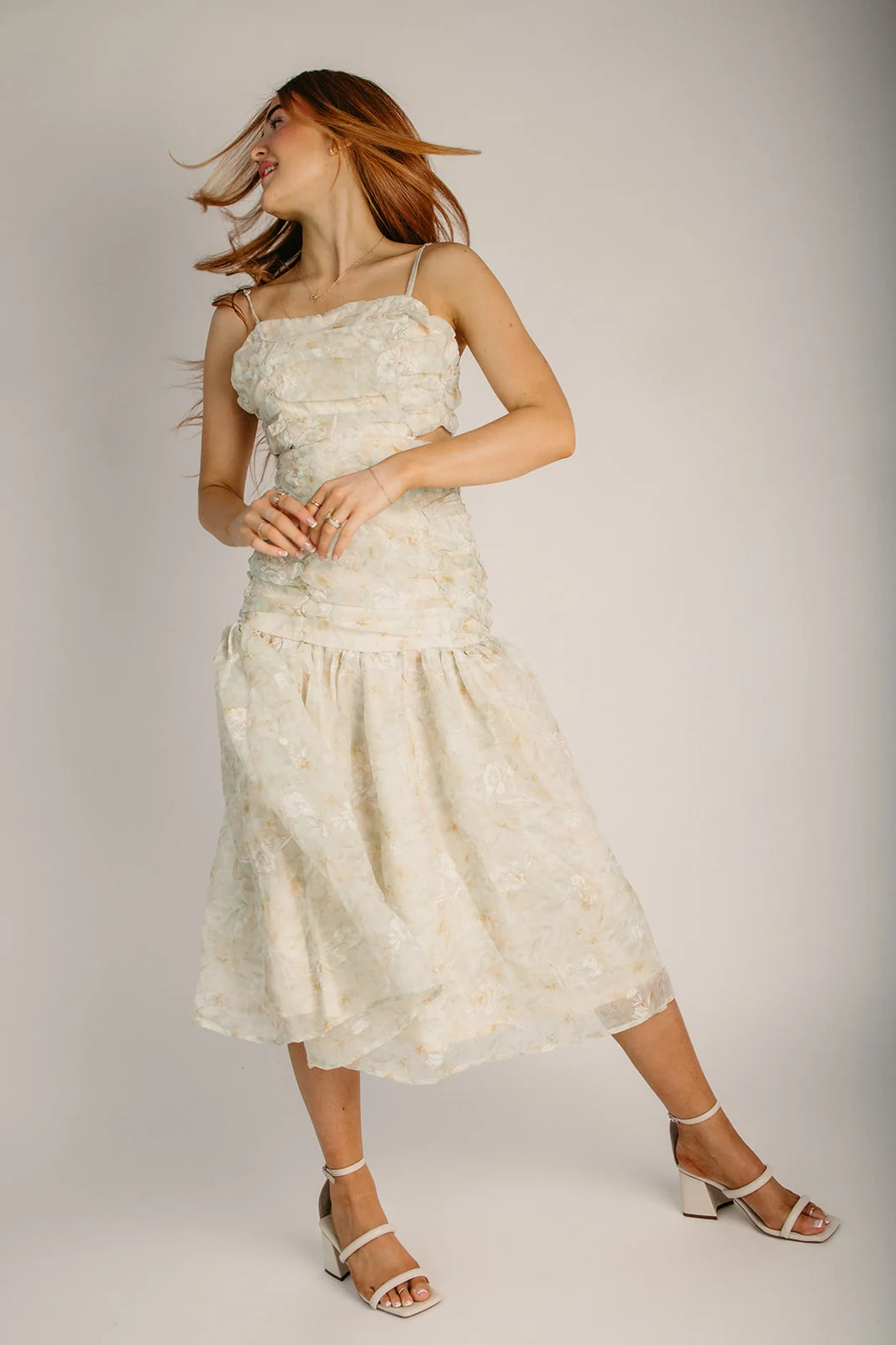 The Shayna Ruched Detail Midi Dress in Cream + Sage Multi