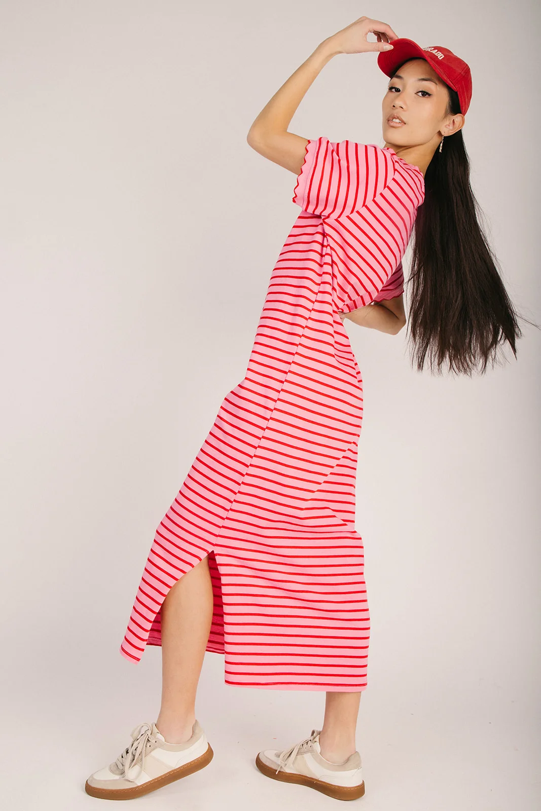 The Shipley Striped T-Shirt Midi Dress in Pink + Red