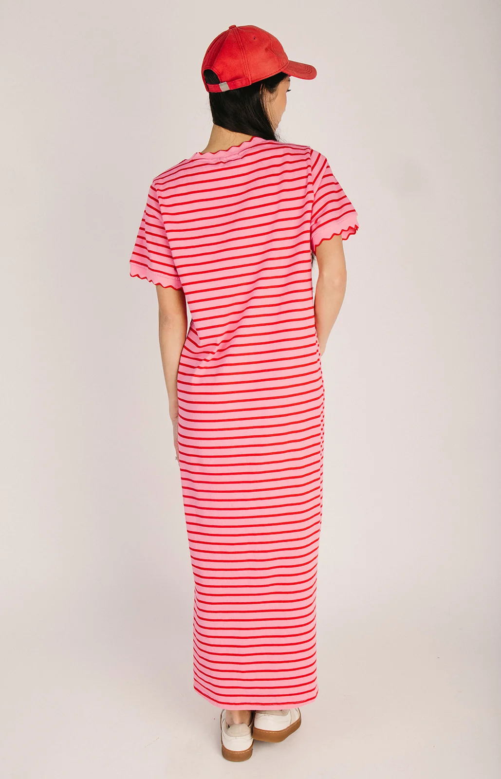 The Shipley Striped T-Shirt Midi Dress in Pink + Red - Image 3