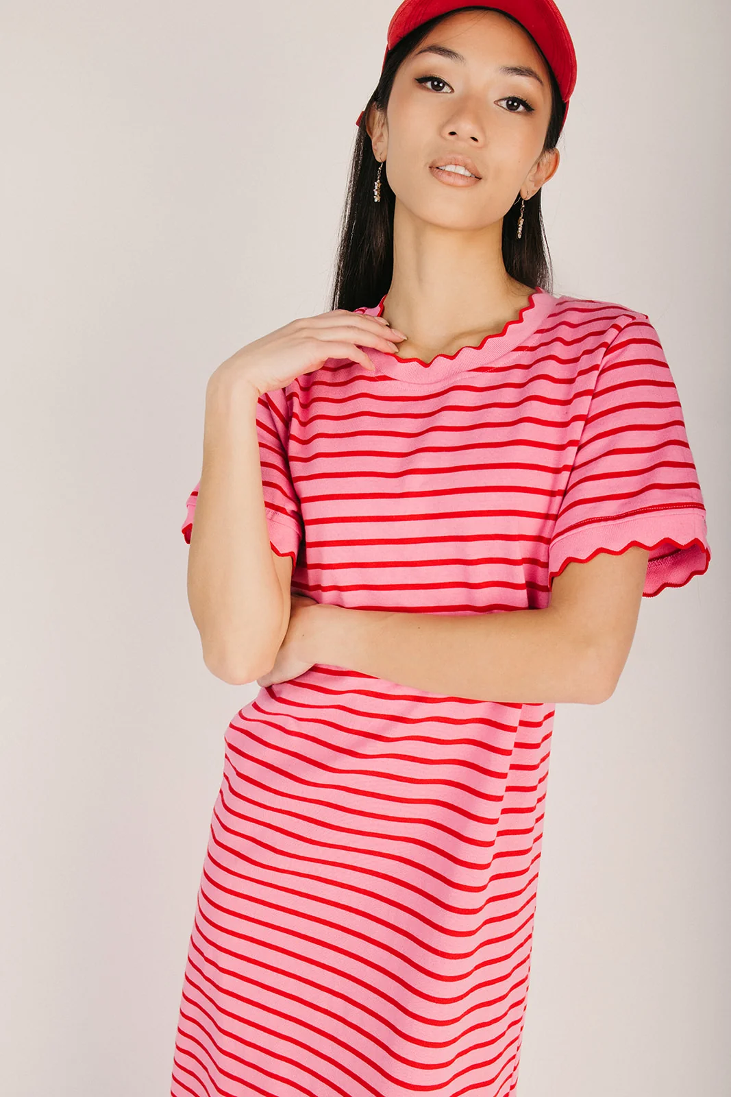 The Shipley Striped T-Shirt Midi Dress in Pink + Red - Image 4