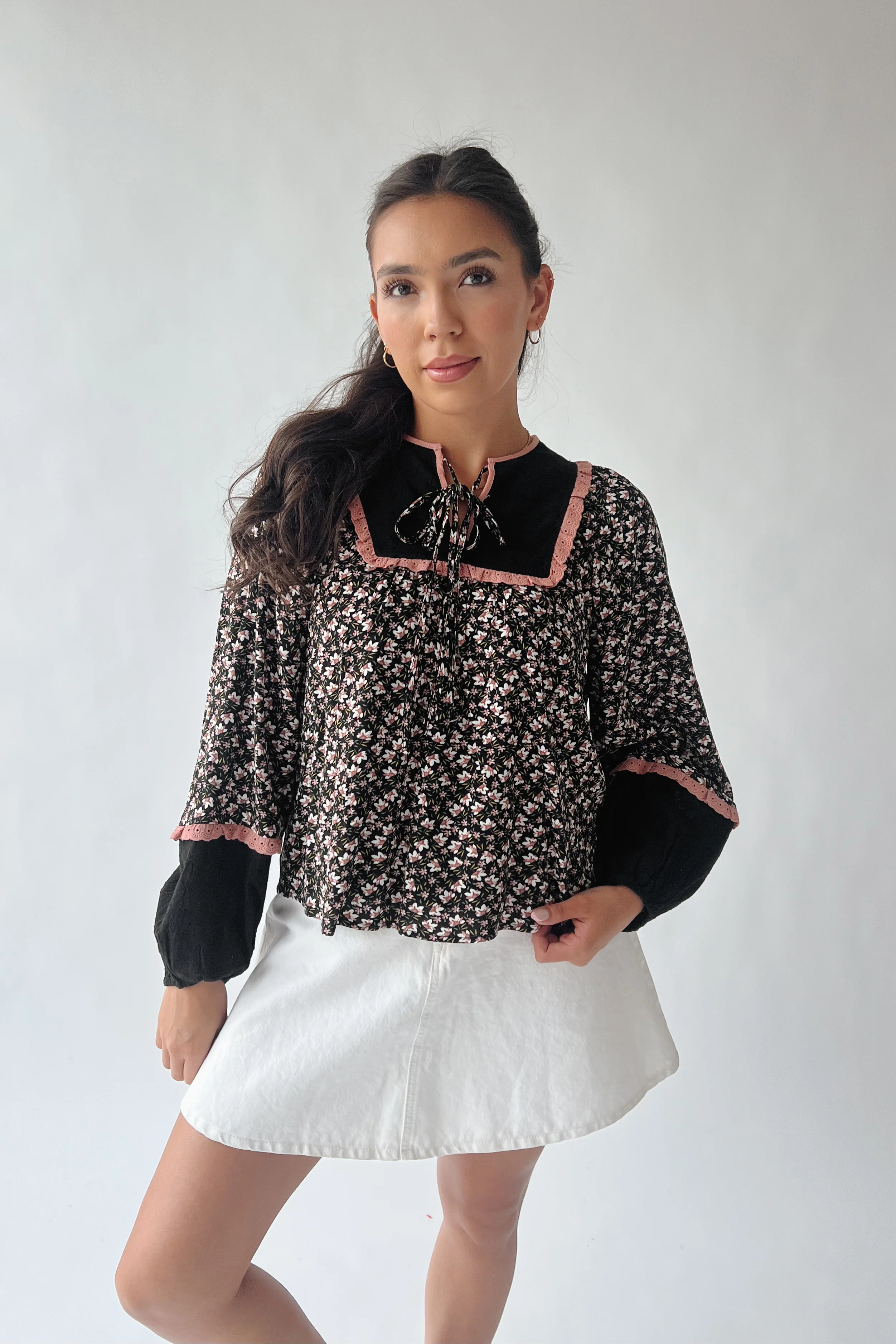 The Silas Floral Babydoll Blouse in Black