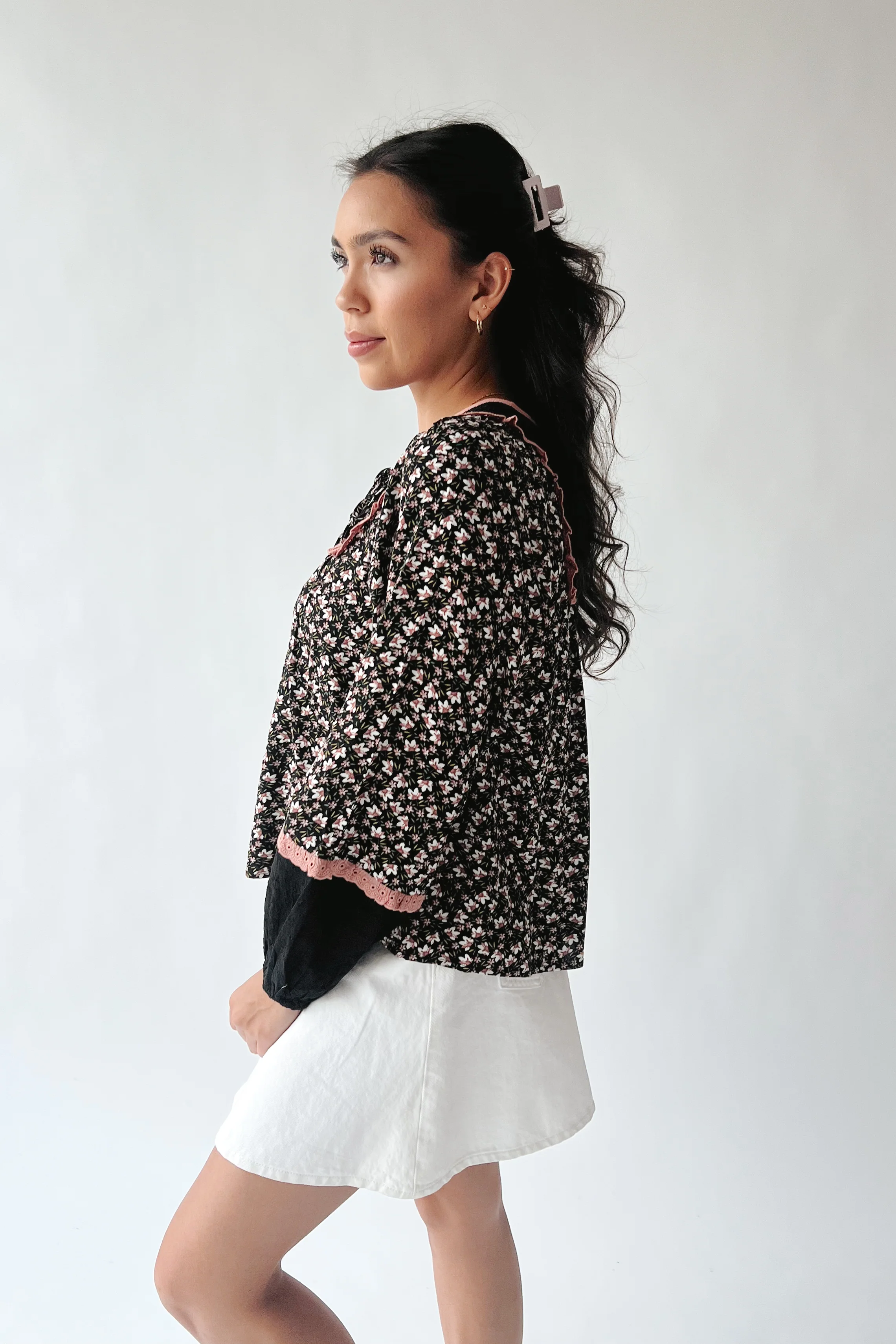 The Silas Floral Babydoll Blouse in Black - Image 3