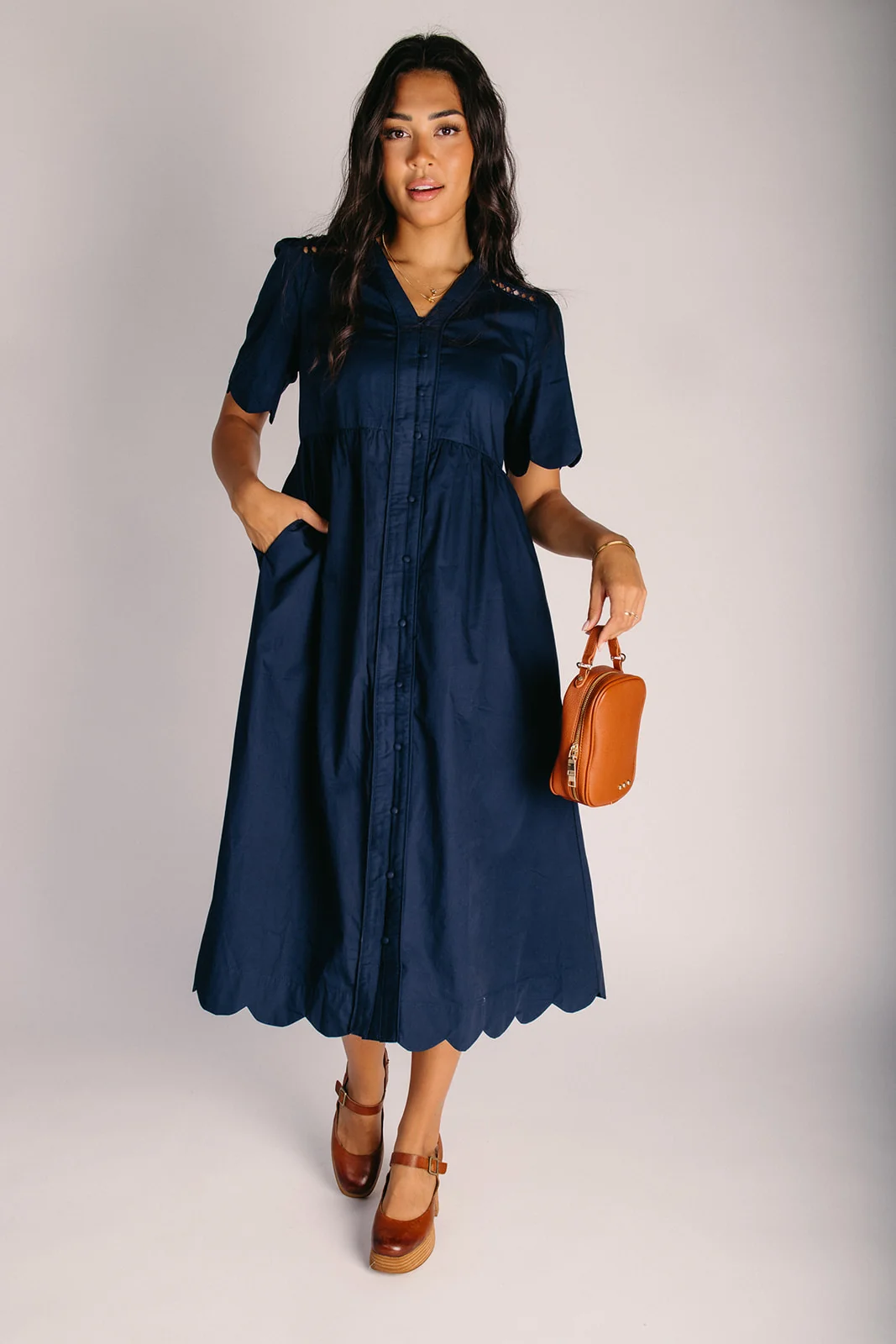 The Sintay Scalloped Edge Midi Dress in Navy