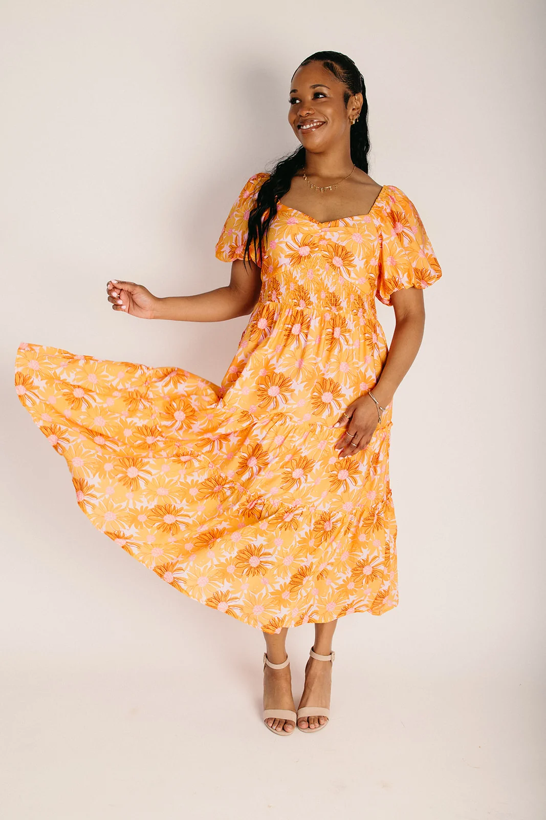 The Skoro Puff Sleeve Midi Dress in Pink Floral - Image 6