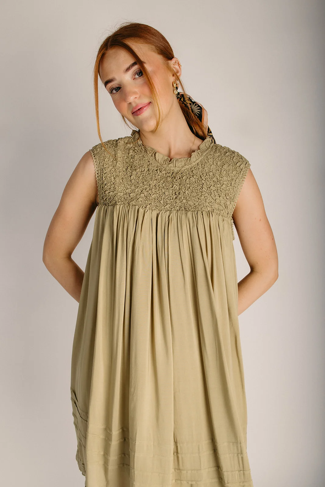 The Snavely Textured Bodice Dress in Olive - Image 5