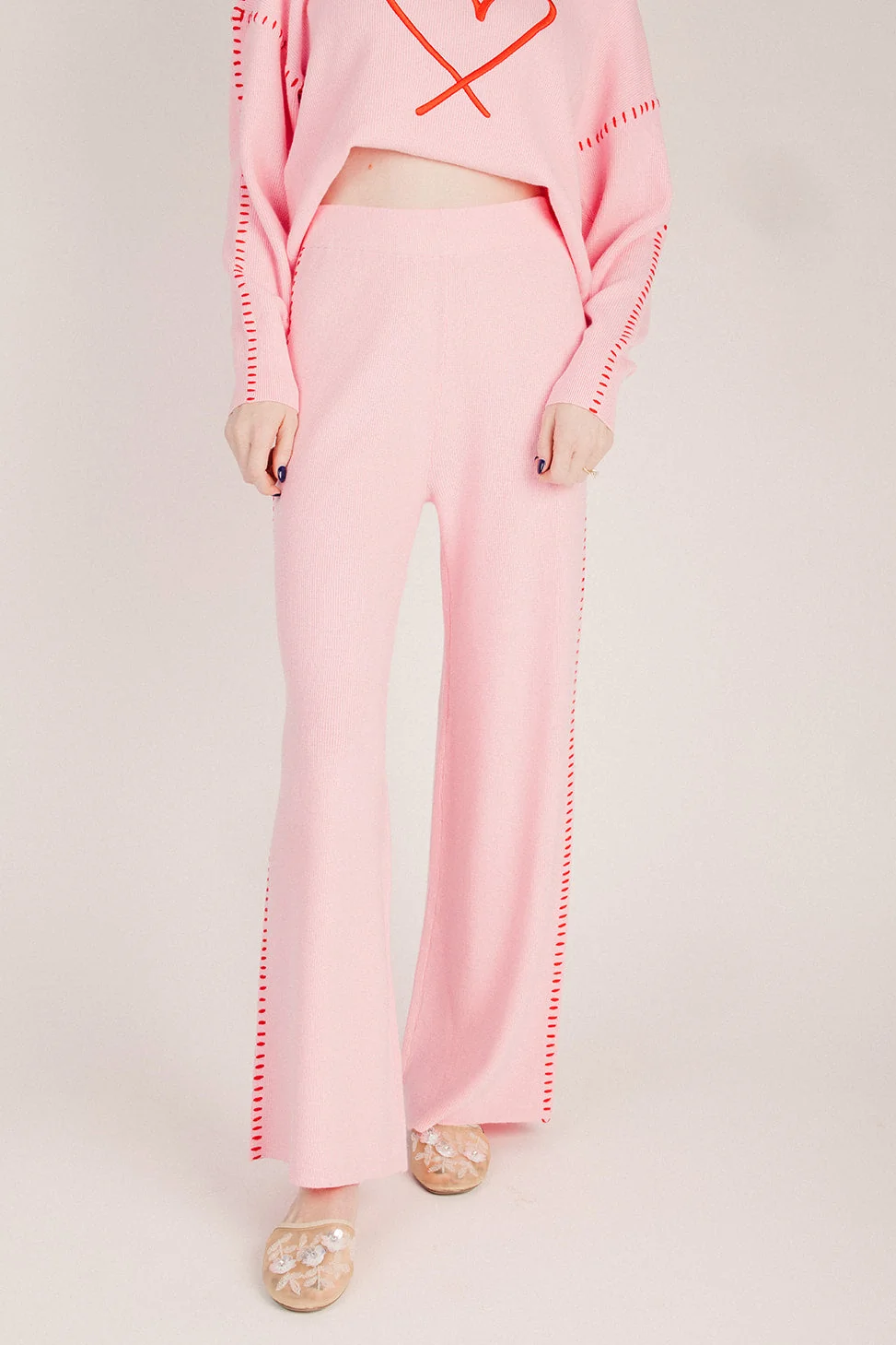 The Snider Wide Leg Blanket Stitch Pant in Pink + Red