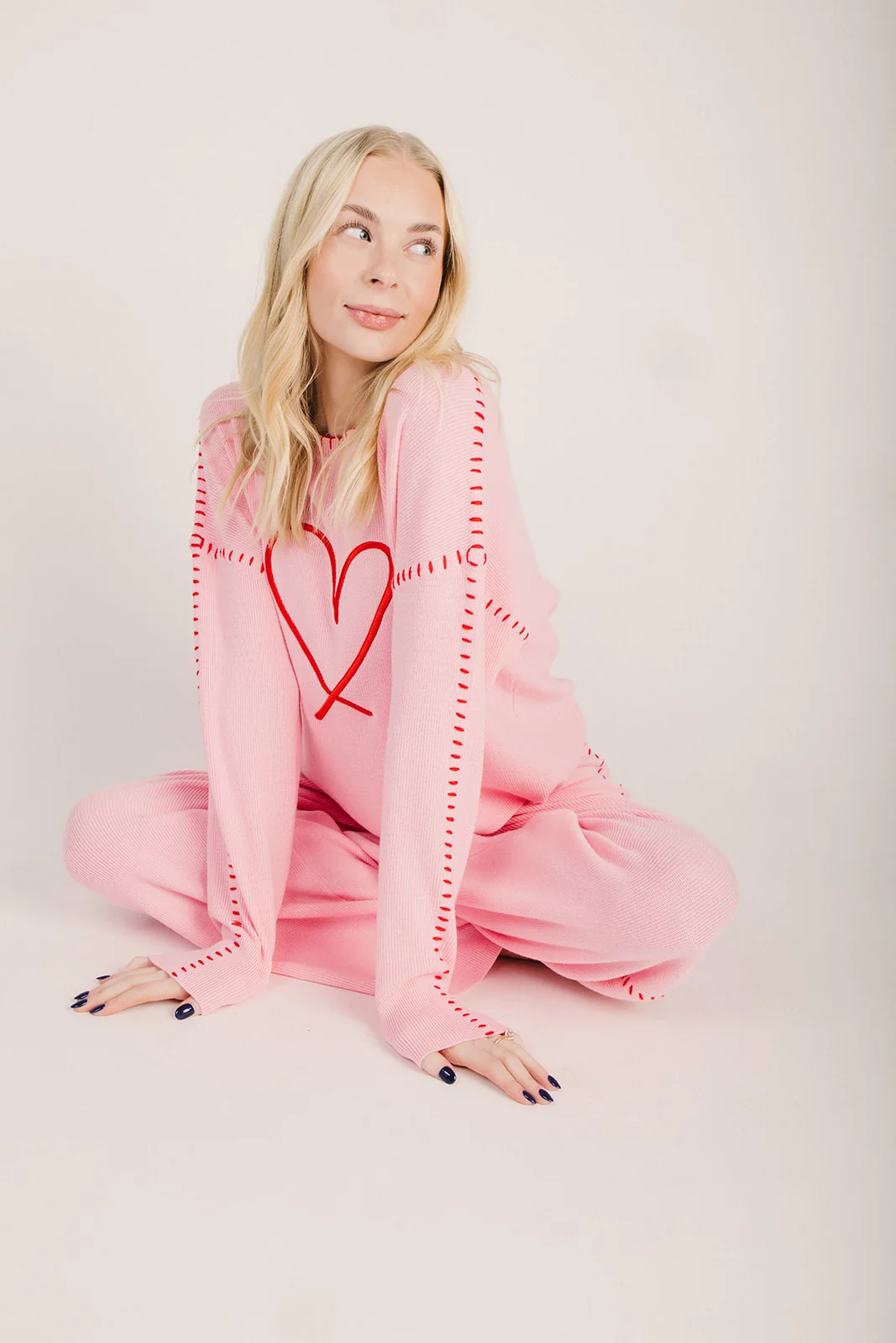 The Snider Wide Leg Blanket Stitch Pant in Pink + Red - Image 5