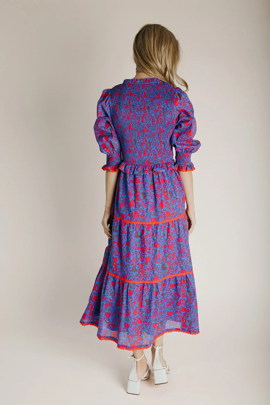 The Snook Smocked Floral Midi Dress in Blue + Fuchsia - Image 3