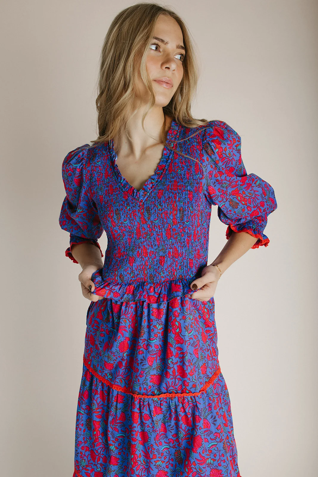 The Snook Smocked Floral Midi Dress in Blue + Fuchsia - Image 4