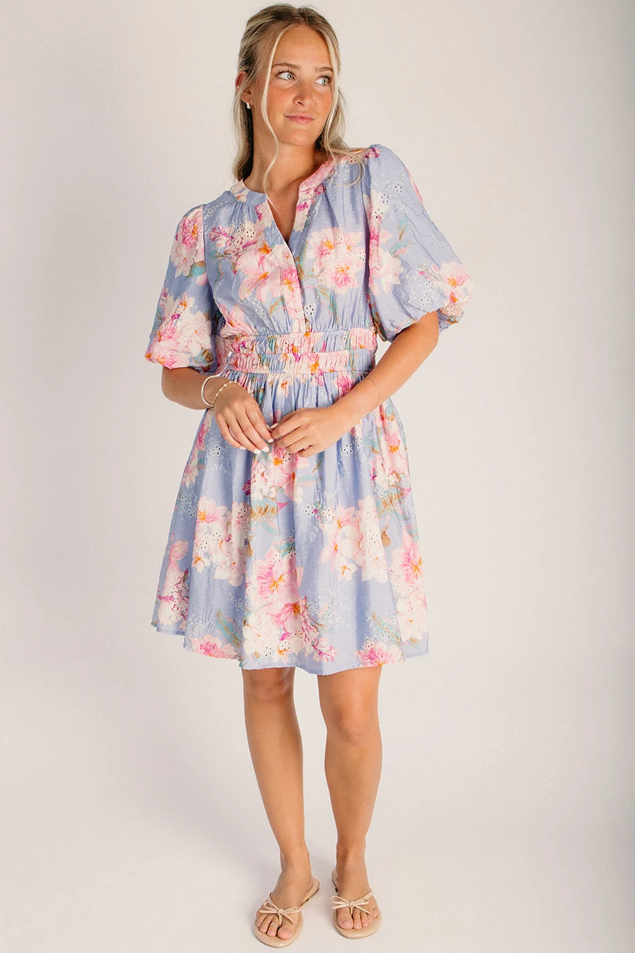 The Solera Printed V-Neck Dress in Blue Multi