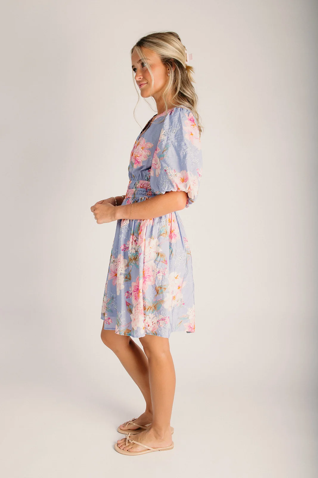 The Solera Printed V-Neck Dress in Blue Multi - Image 4