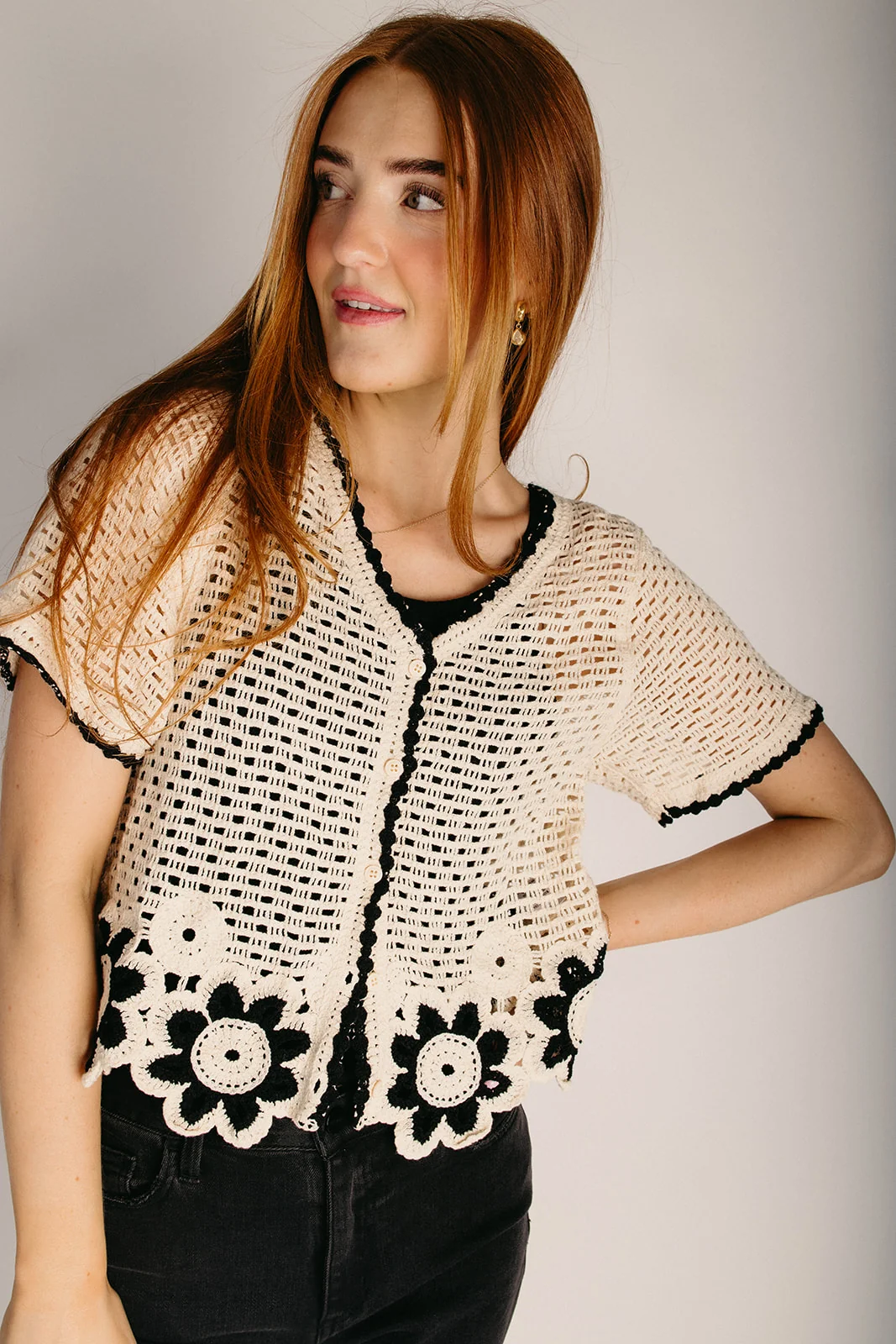 The Somerville Crochet Button-Up Blouse in Natural