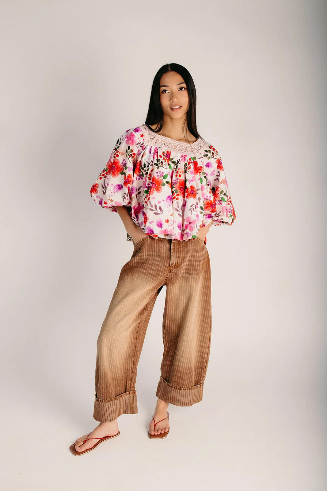 The Sonder Lace Trim Blouse in Red + Pink Floral - Image 2