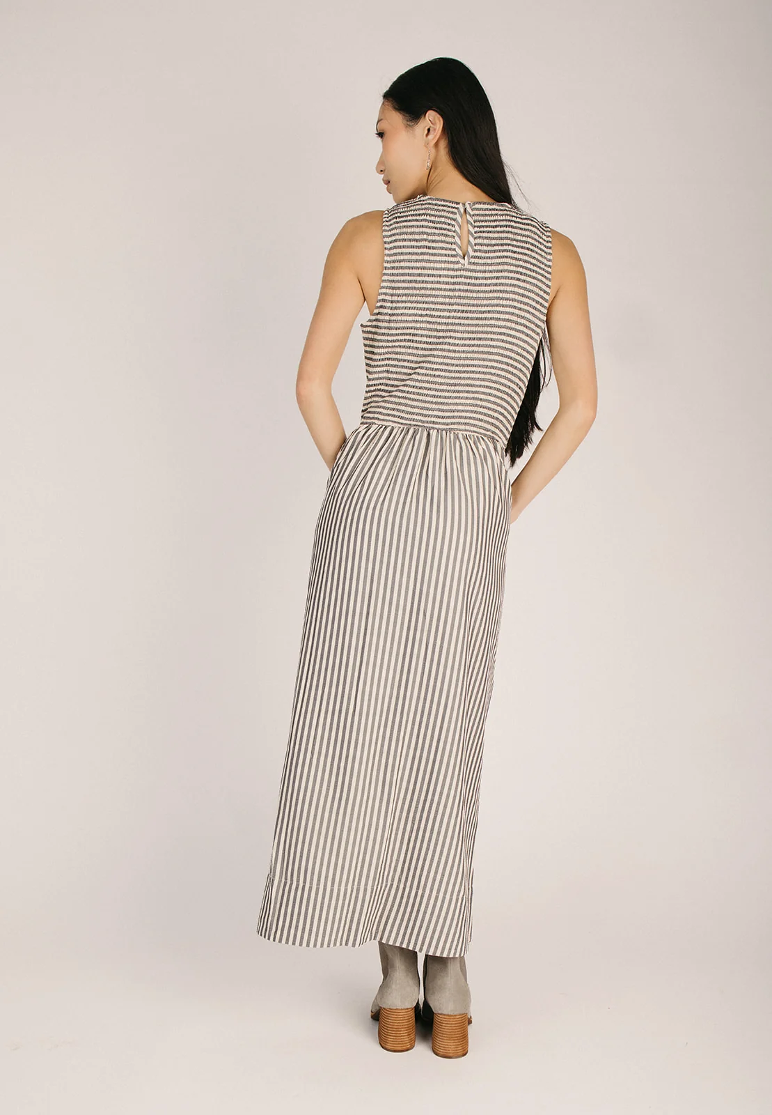 The Sopata Smocked Maxi Dress in Black Stripe - Image 2