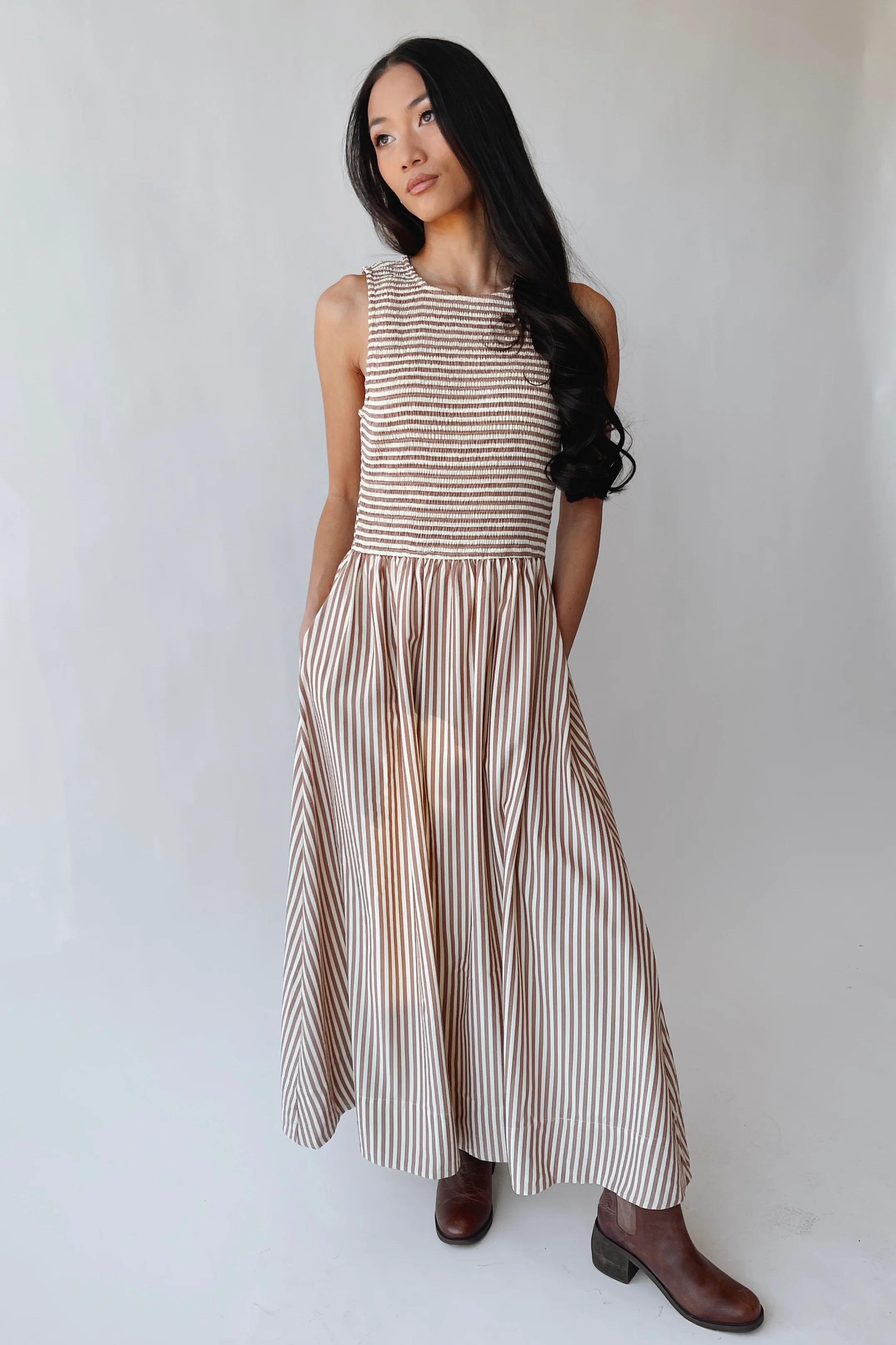 The Sopata Smocked Maxi Dress in Brown Stripe - Image 11