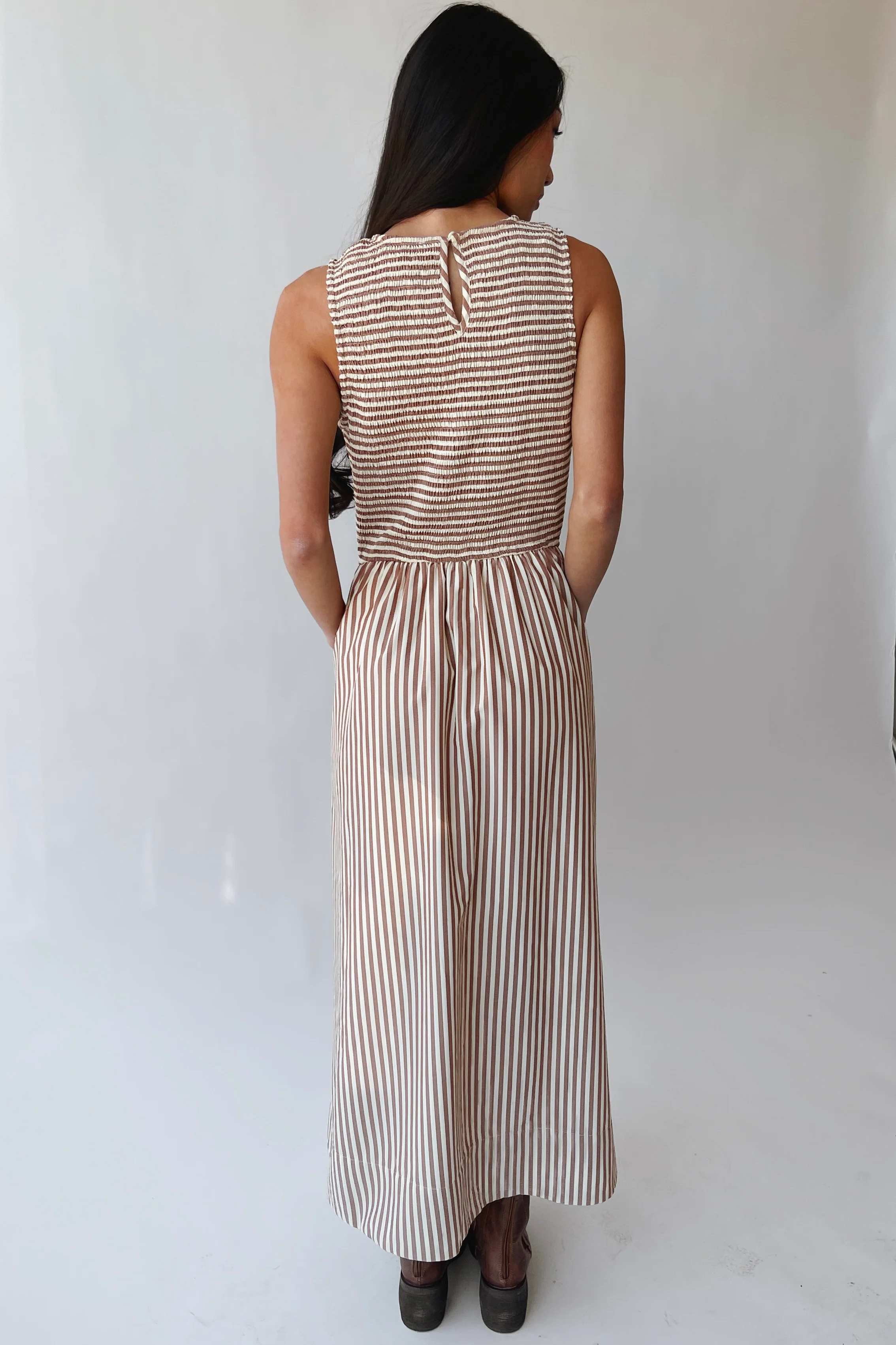 The Sopata Smocked Maxi Dress in Brown Stripe - Image 13
