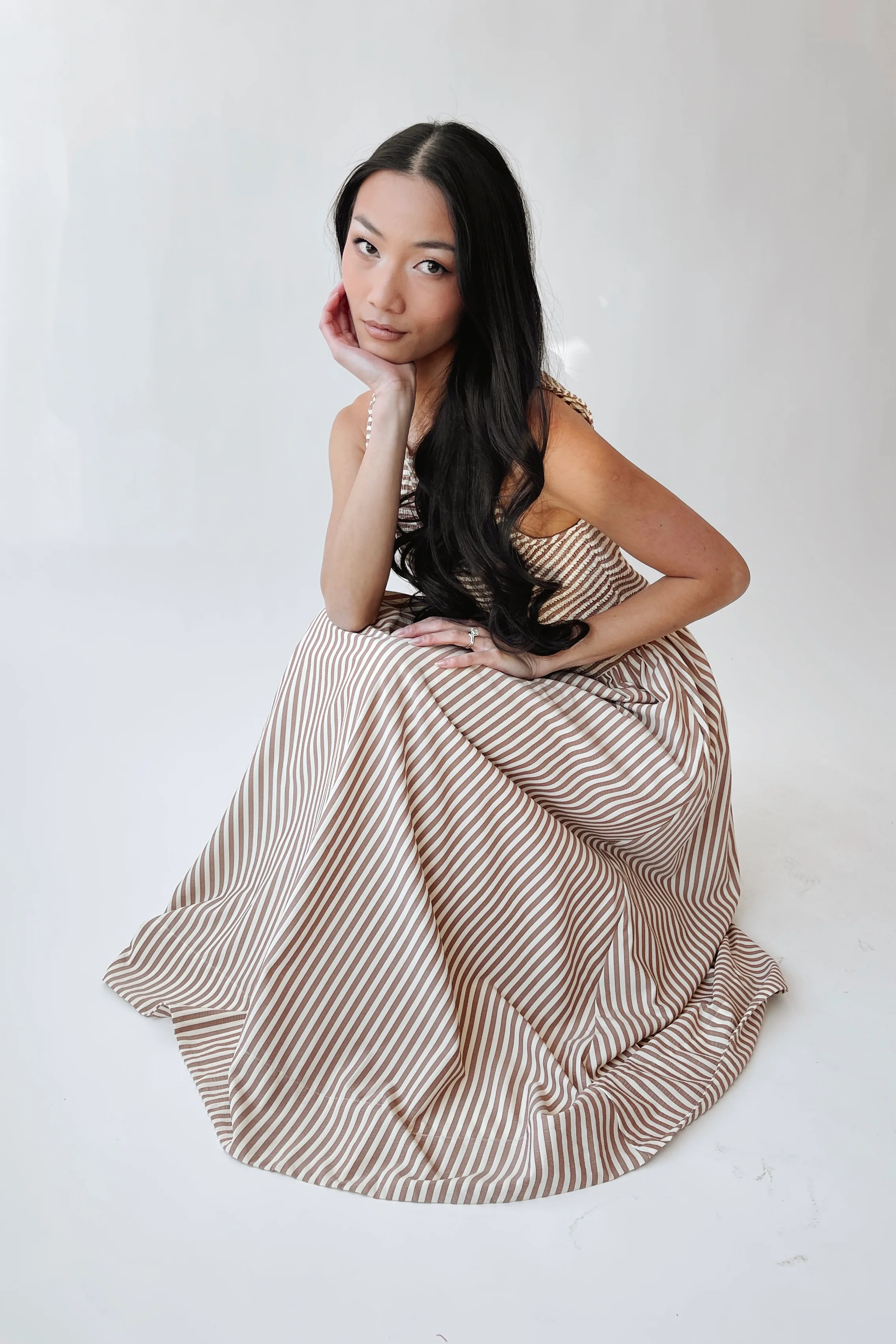 The Sopata Smocked Maxi Dress in Brown Stripe - Image 9